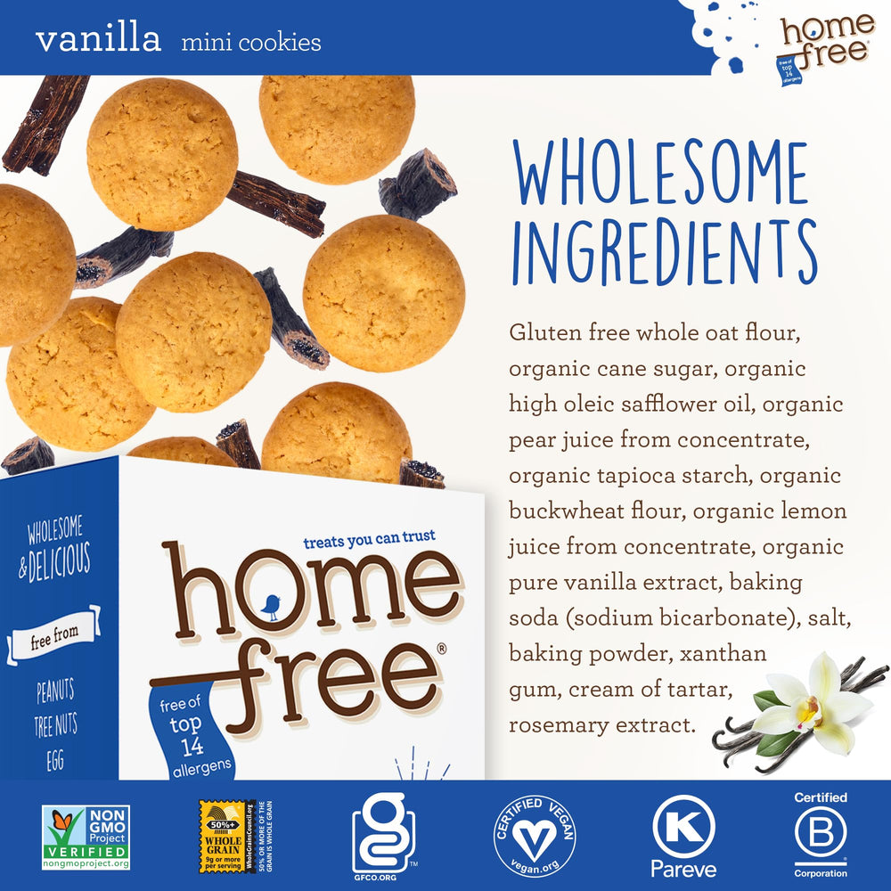 Homefree mini vanilla cookies box back, nutrition highlights and ingredient info.