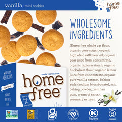 Homefree mini vanilla cookies box back, nutrition highlights and ingredient info.