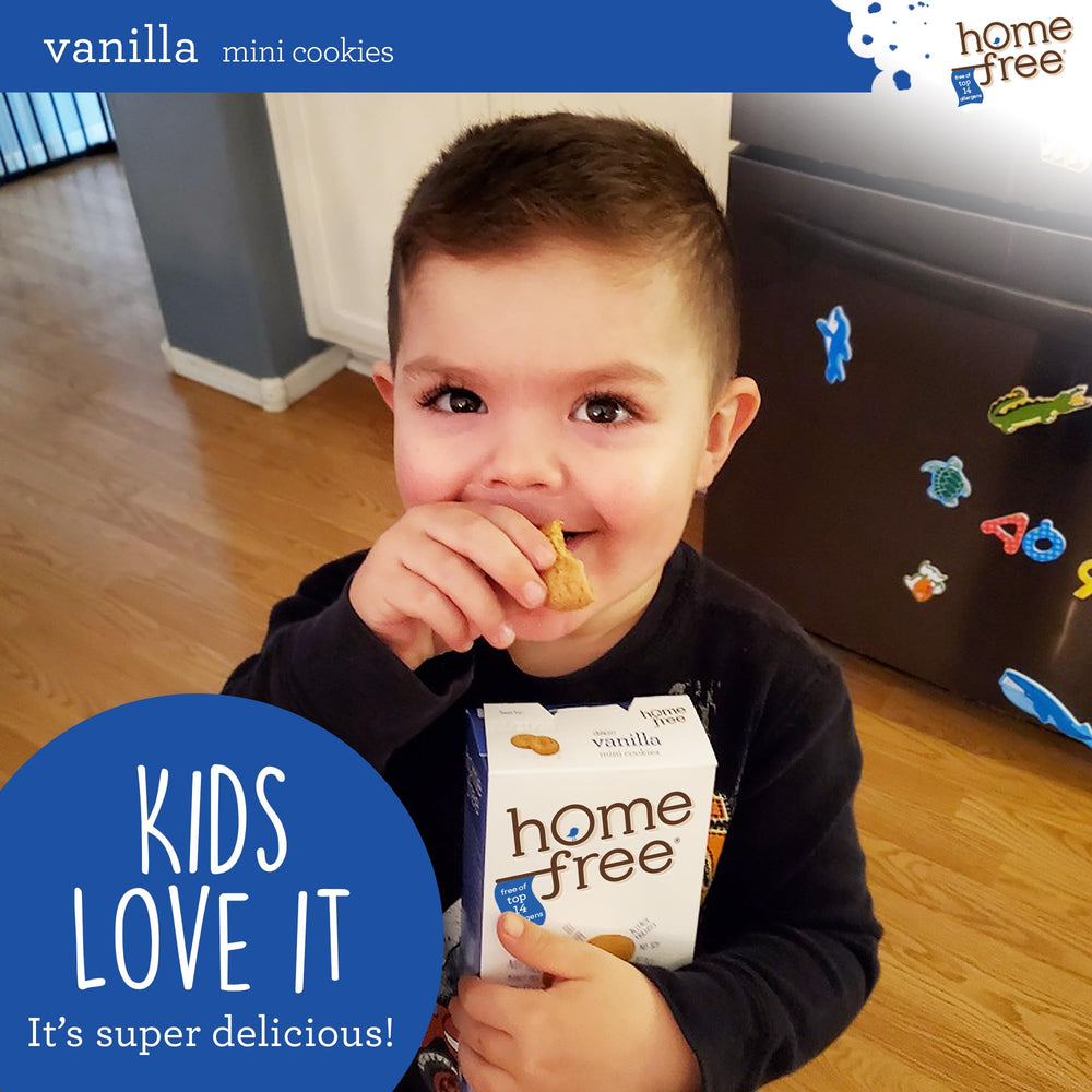 Homefree mini vanilla cookies pack open, teatime snack ready to share.