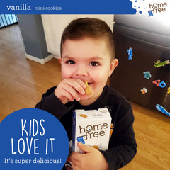 Homefree mini vanilla cookies pack open, teatime snack ready to share.