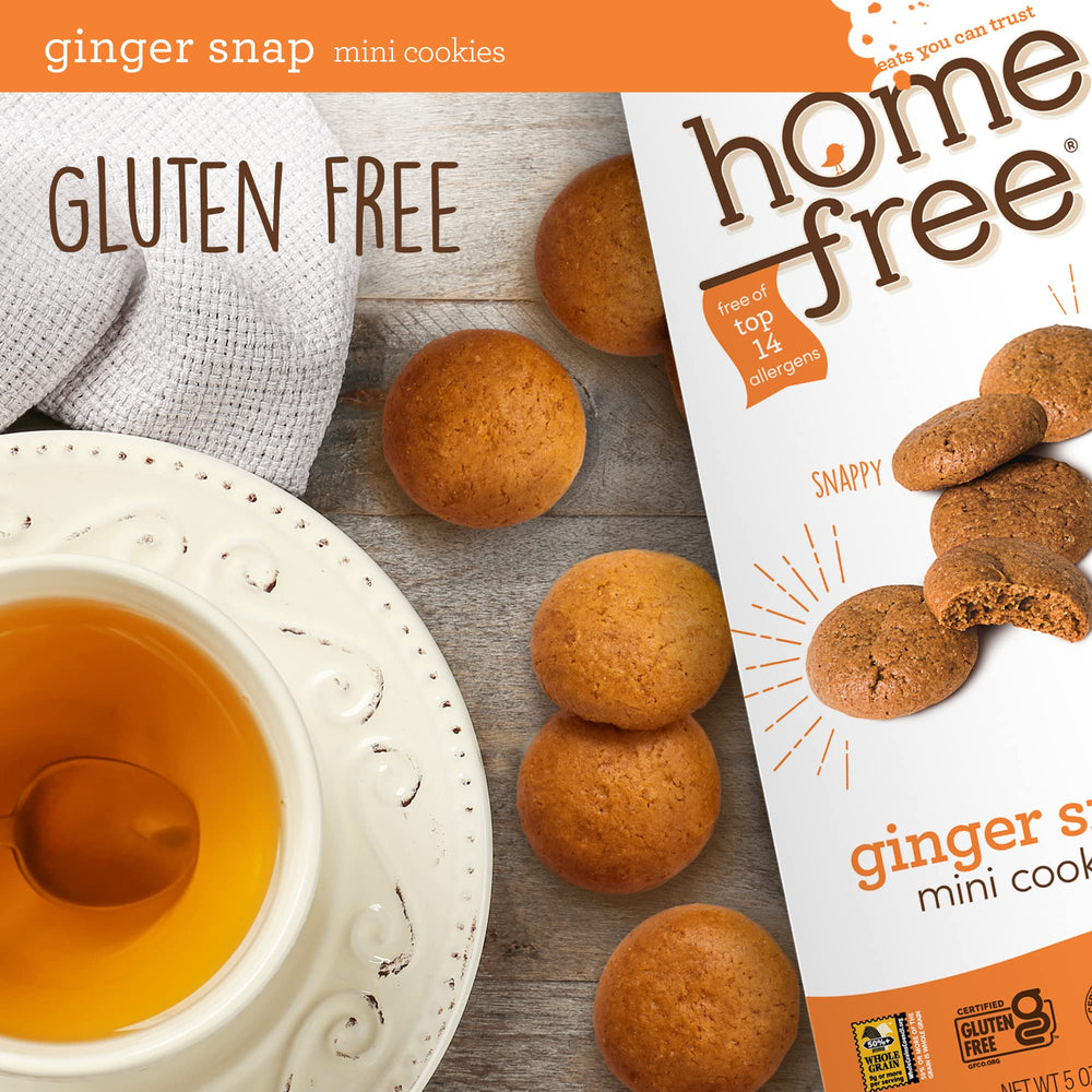 Non-GMO and organic labels beside ginger cookies.