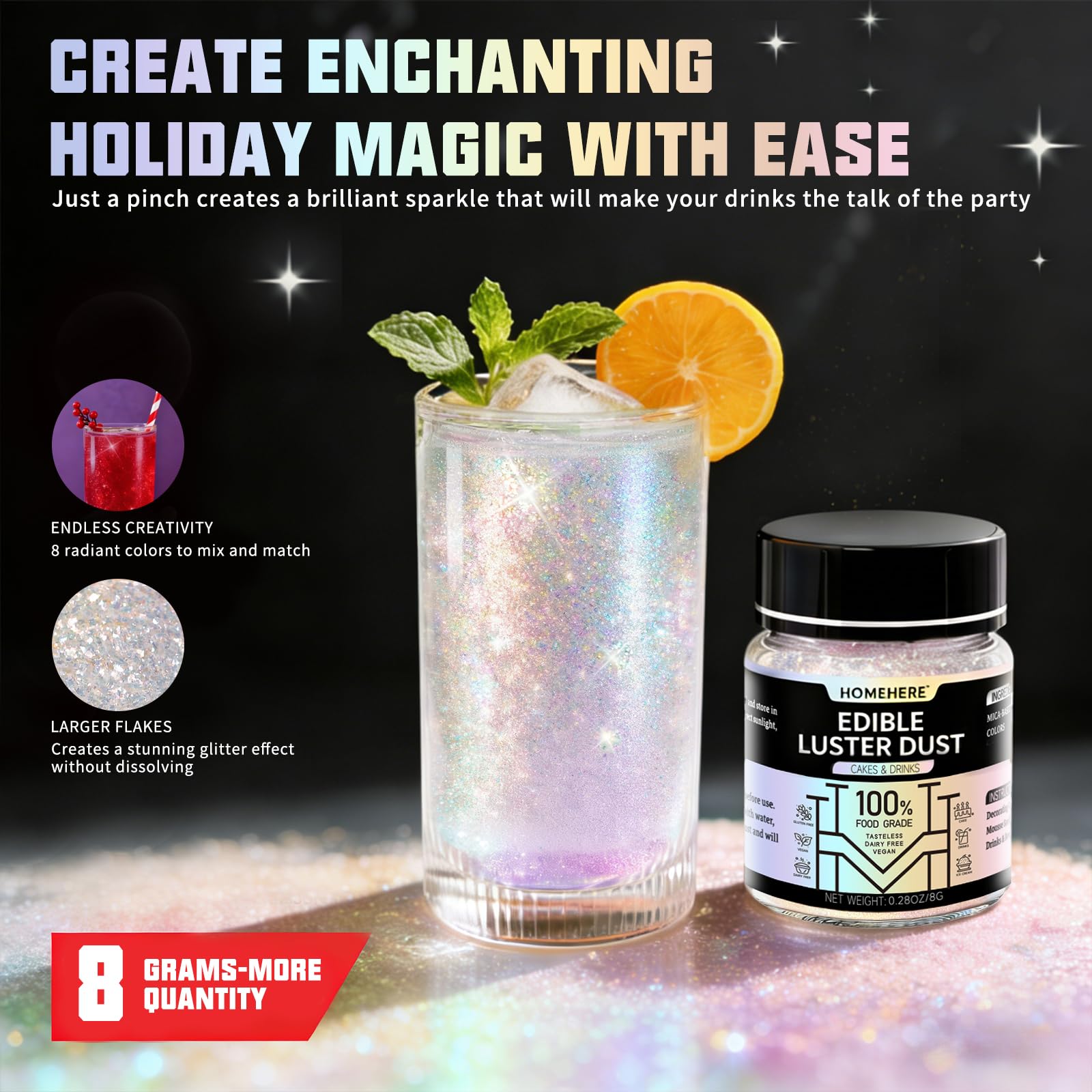 HomeHere red Christmas luster dust for cookies and cocktails, vivid holiday color.