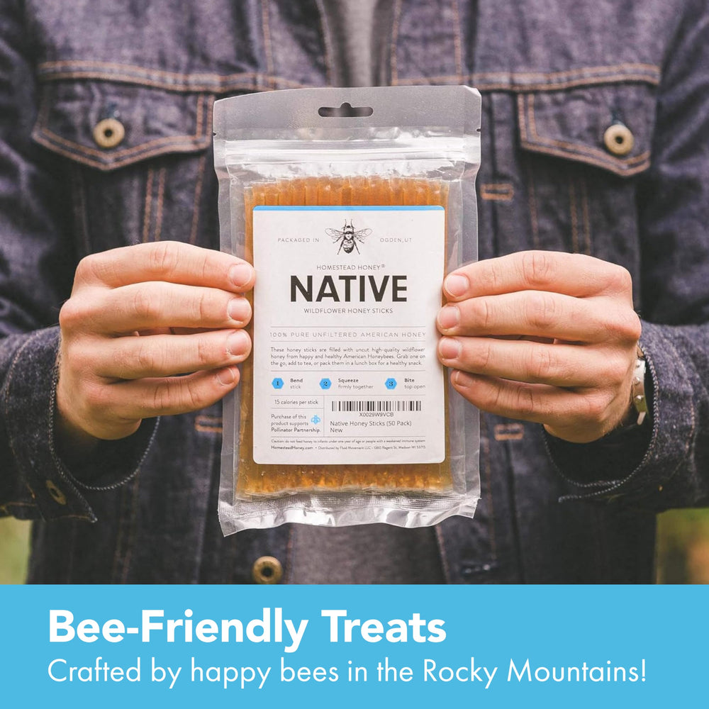 Easy-open Homestead Honey stick shown for mess-free tearing.