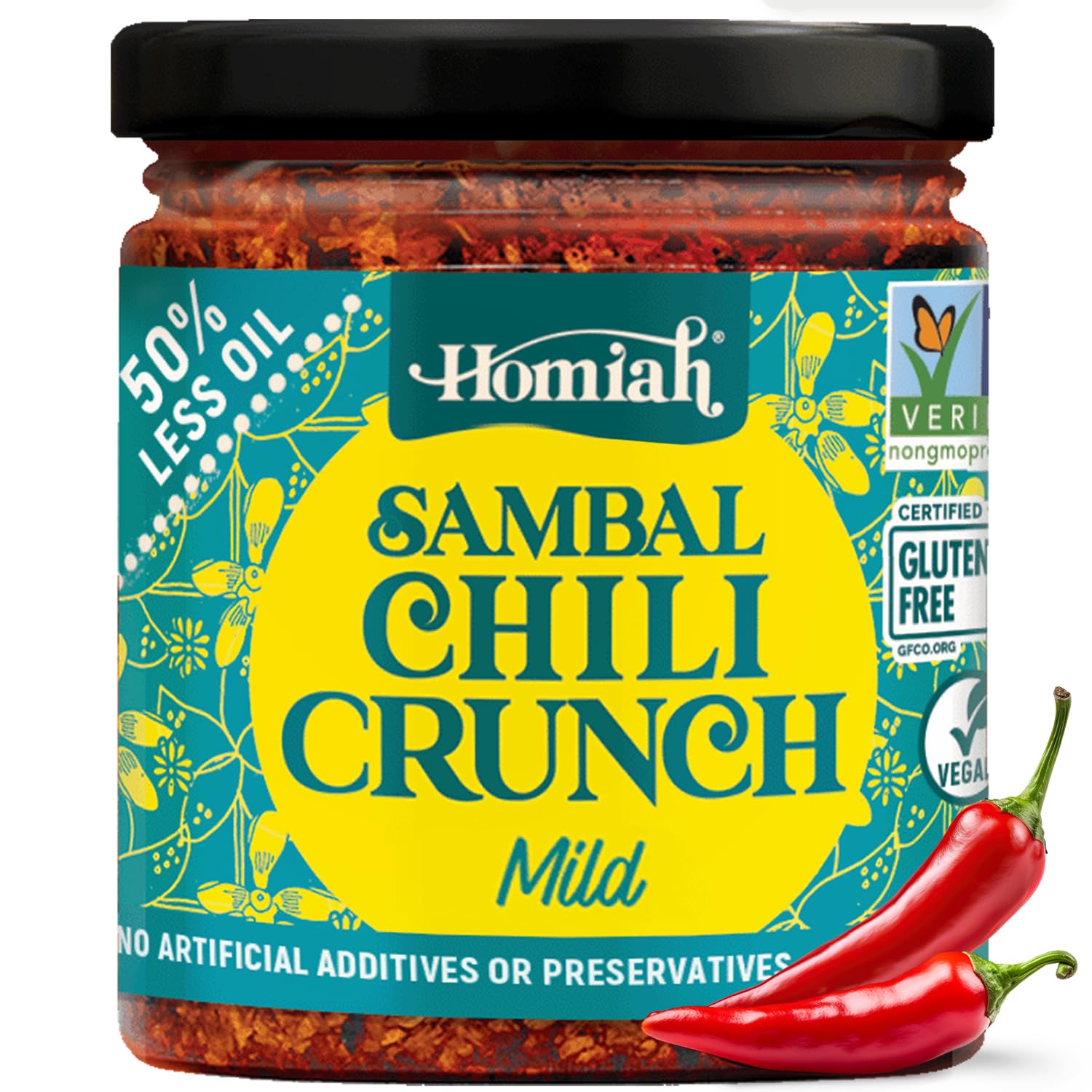 Homiah Sambal Chili Crunch jar front showing bold flavor and seaweed crunch
