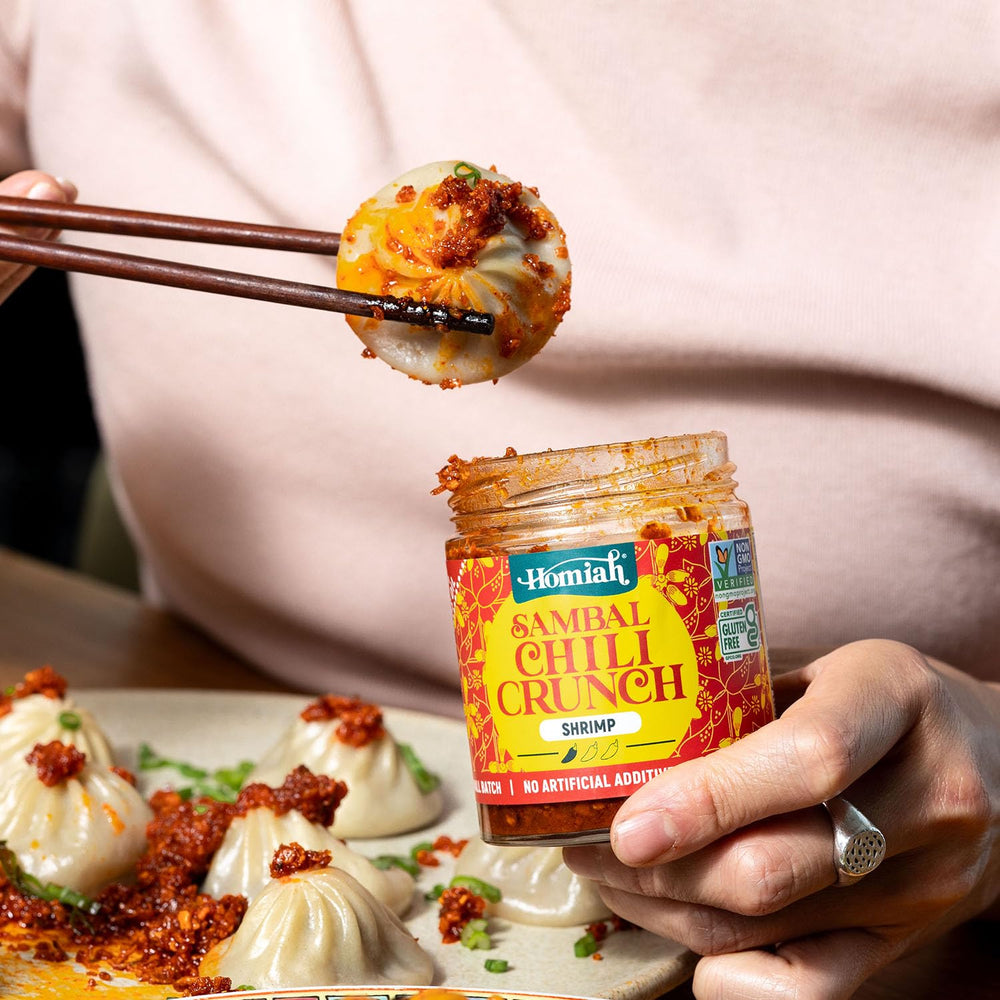 Ingredients closeup of Homiah Sambal Chili Crunch Shrimp with shrimp paste and natural oils