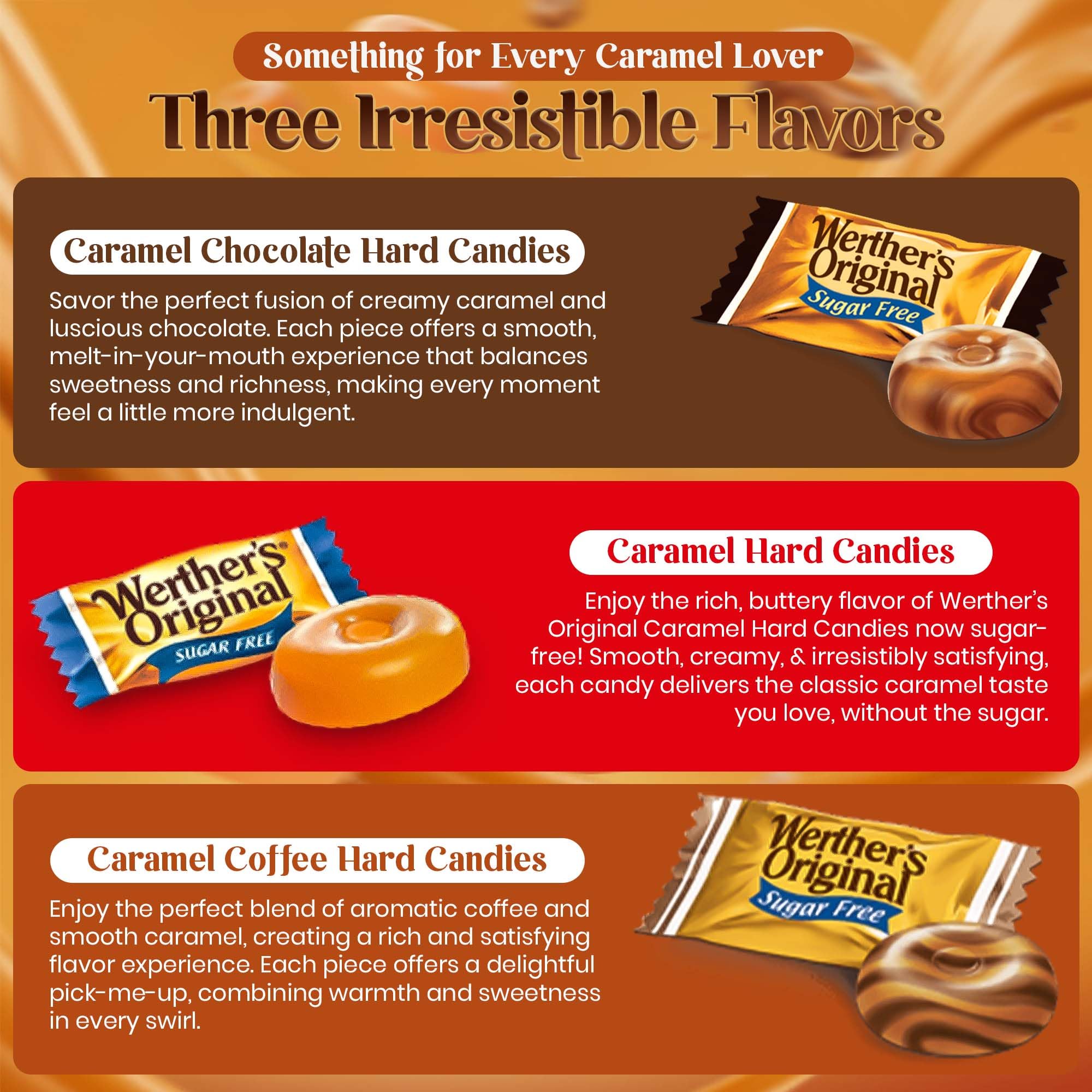 Hominics Werthers chocolate caramel flavor candy, rich taste without sugar.