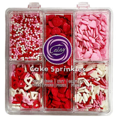 Homipooty Valentine sprinkles for cakes with pink, red, white hearts.