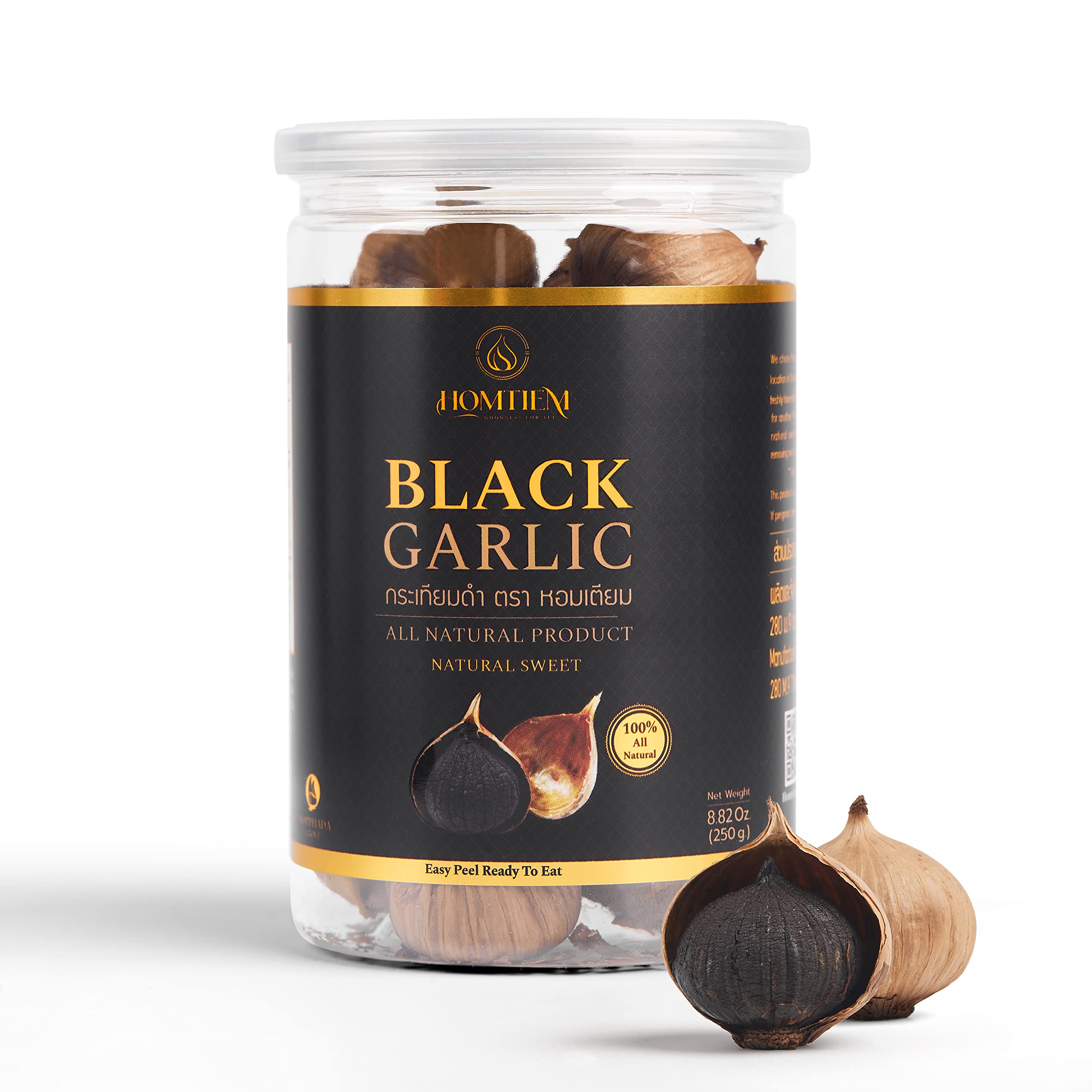 HOMTIEM Black Garlic 250g pack shot, premium fermented cloves ready to enjoy.