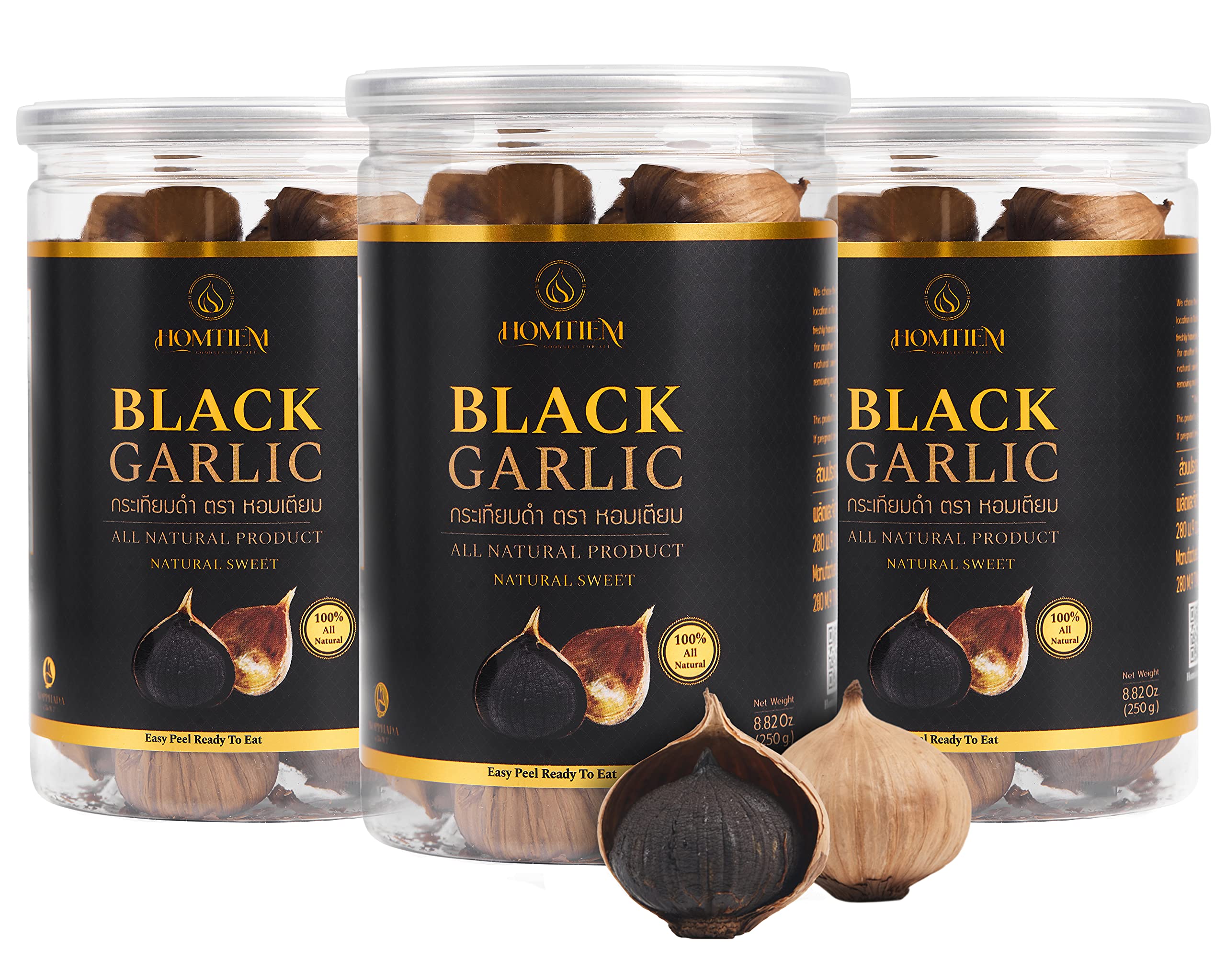 HOMTIEM Black Garlic 90-day fermentation close-up showing jelly-like texture for healthy snacking.