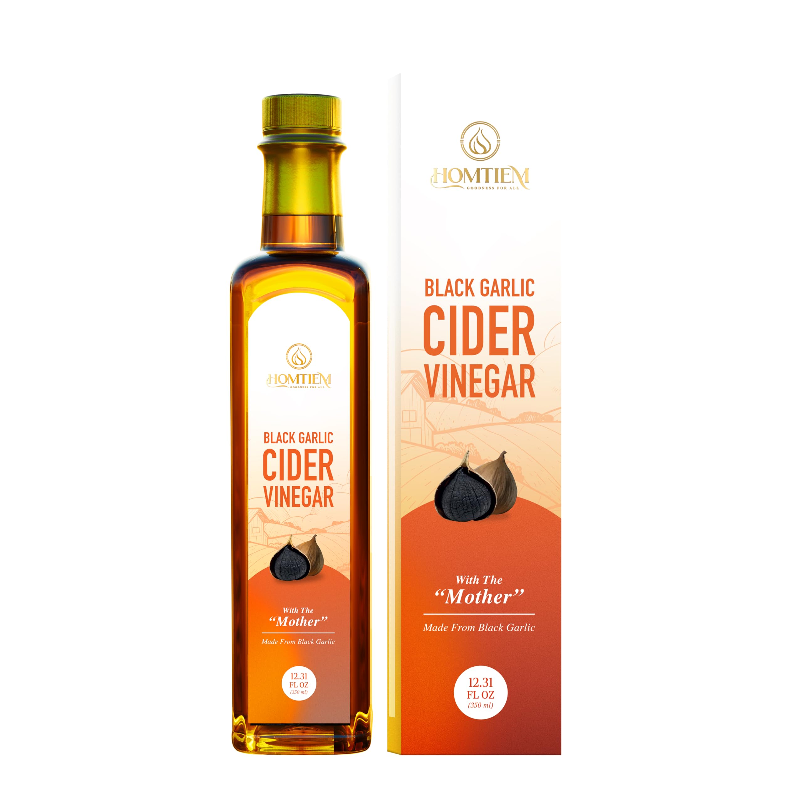 Homtiem Black Garlic Cider Vinegar bottle on countertop, ideal for dressings and marinades.