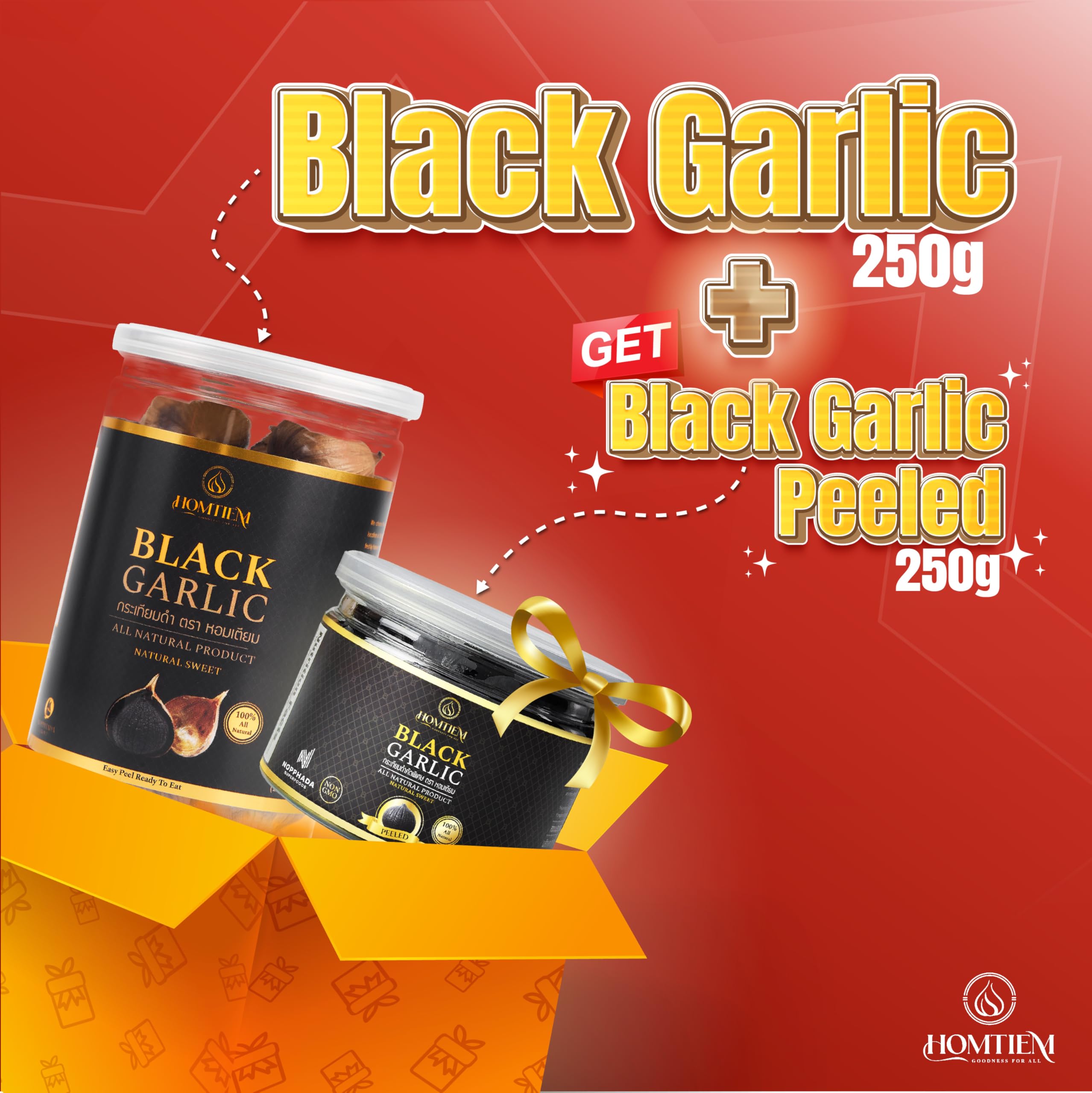 HOMTIEM Black Garlic packaging shows a convenient jar for ready-to-use cloves.