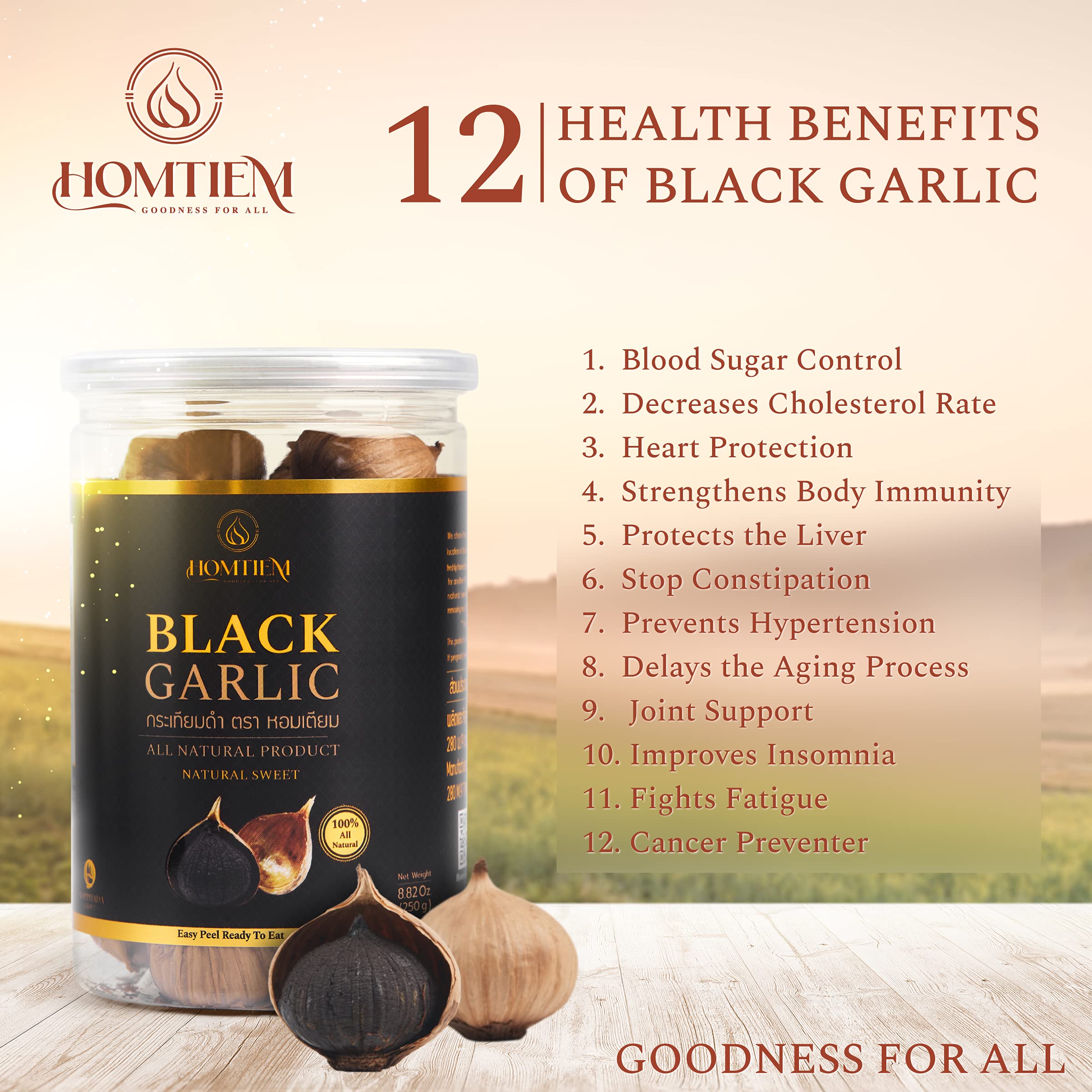 HOMTIEM Black Garlic 3-pack in pantry display for convenient healthy meals.