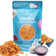 Homtiem Crispy Garlic & Onion Original Mild bag showing ready-to-use topping for meals.