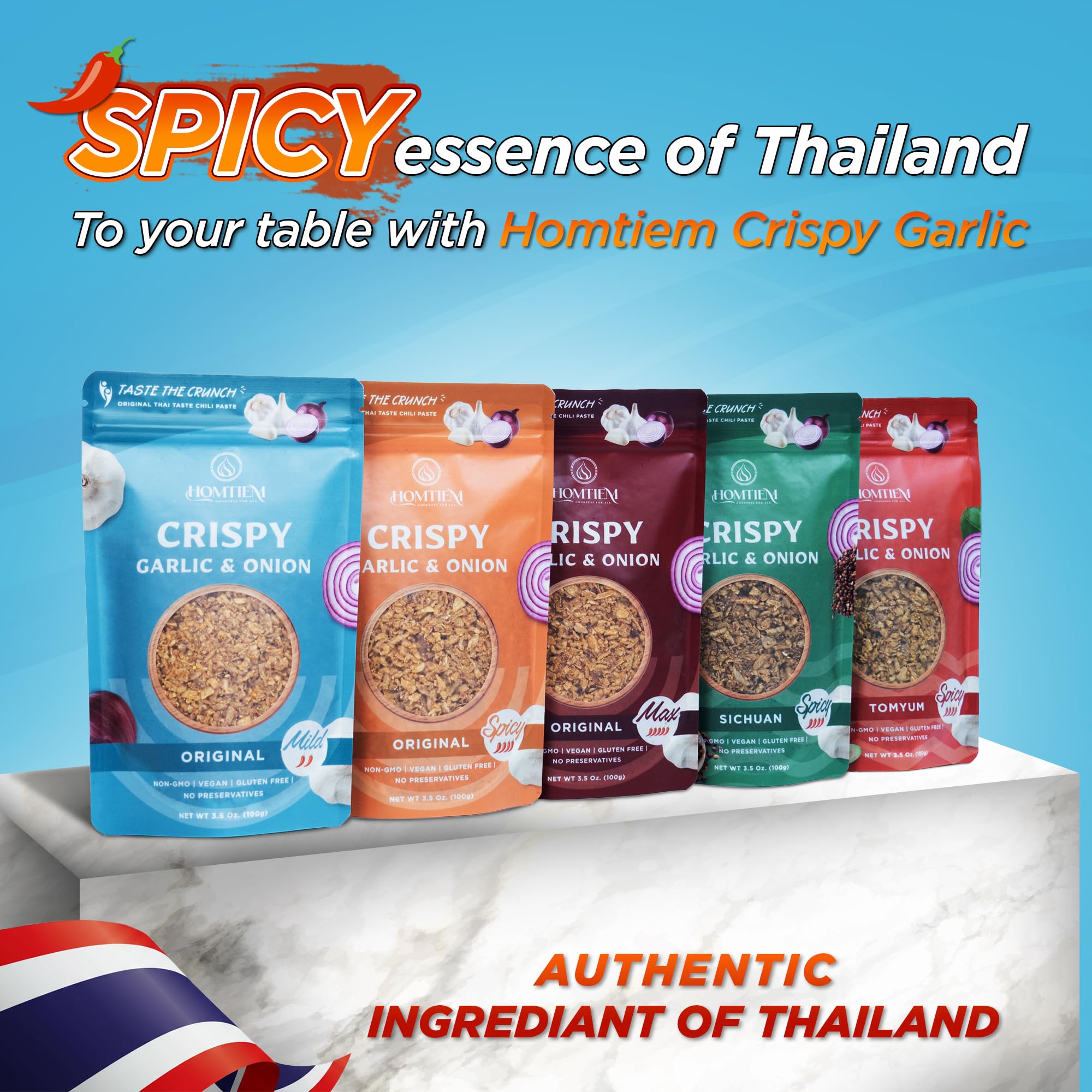 Homtiem Crispy Garlic & Onion on a pizza crust for added crunch.