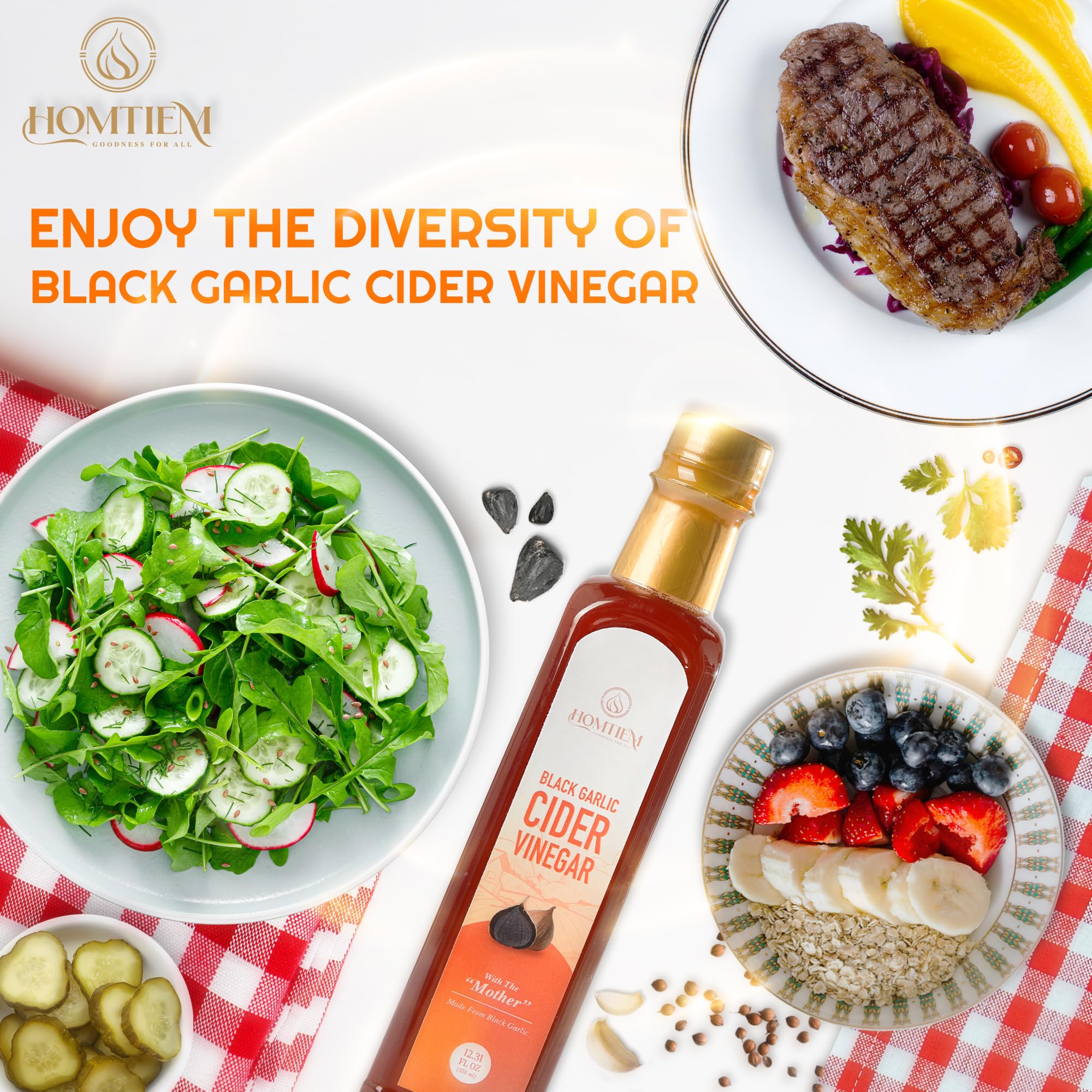 Homtiem ingredients backdrop with black garlic and cider, showcasing natural, tasty pairing.