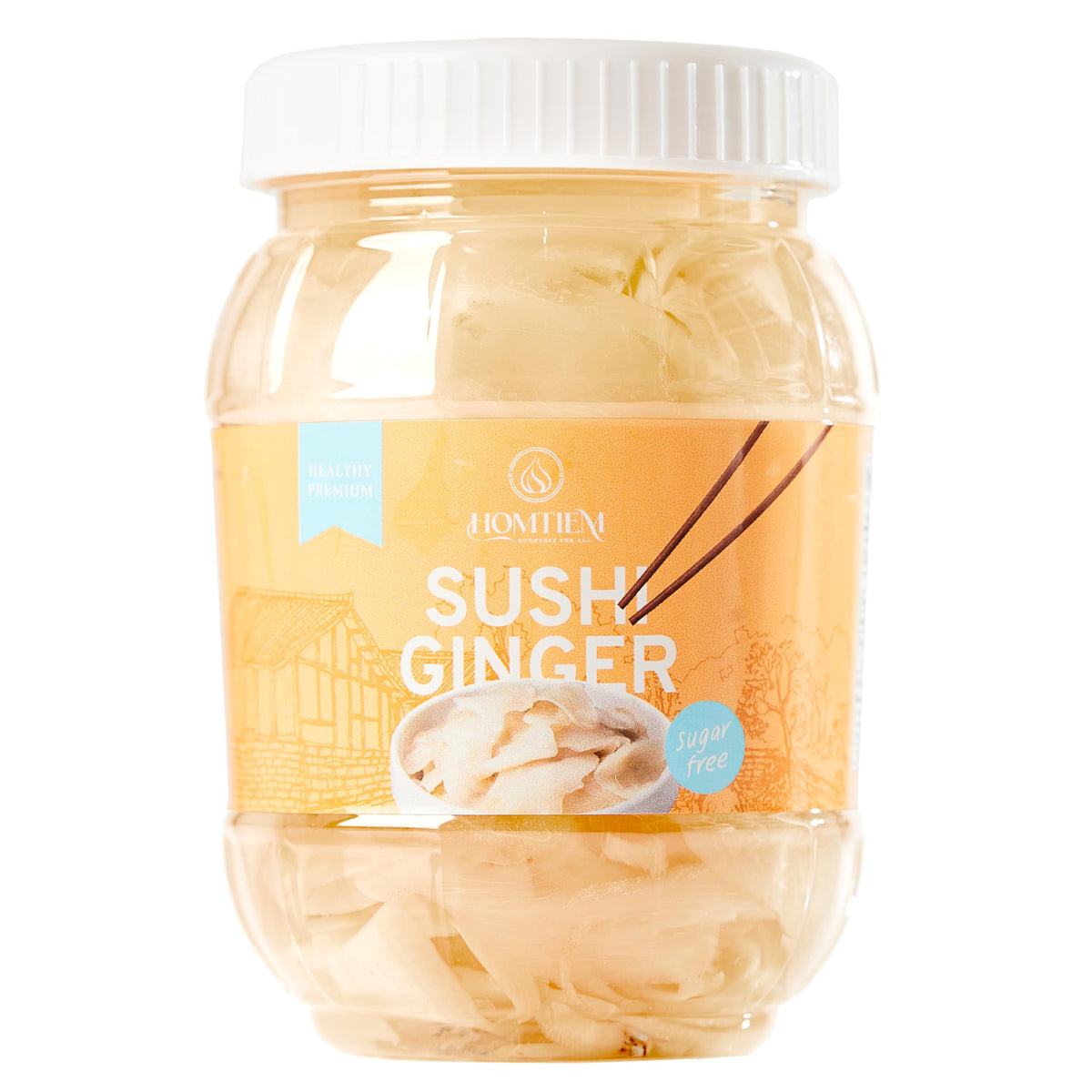 Homtiem pickled sushi ginger jar ready to accompany sushi and sashimi.