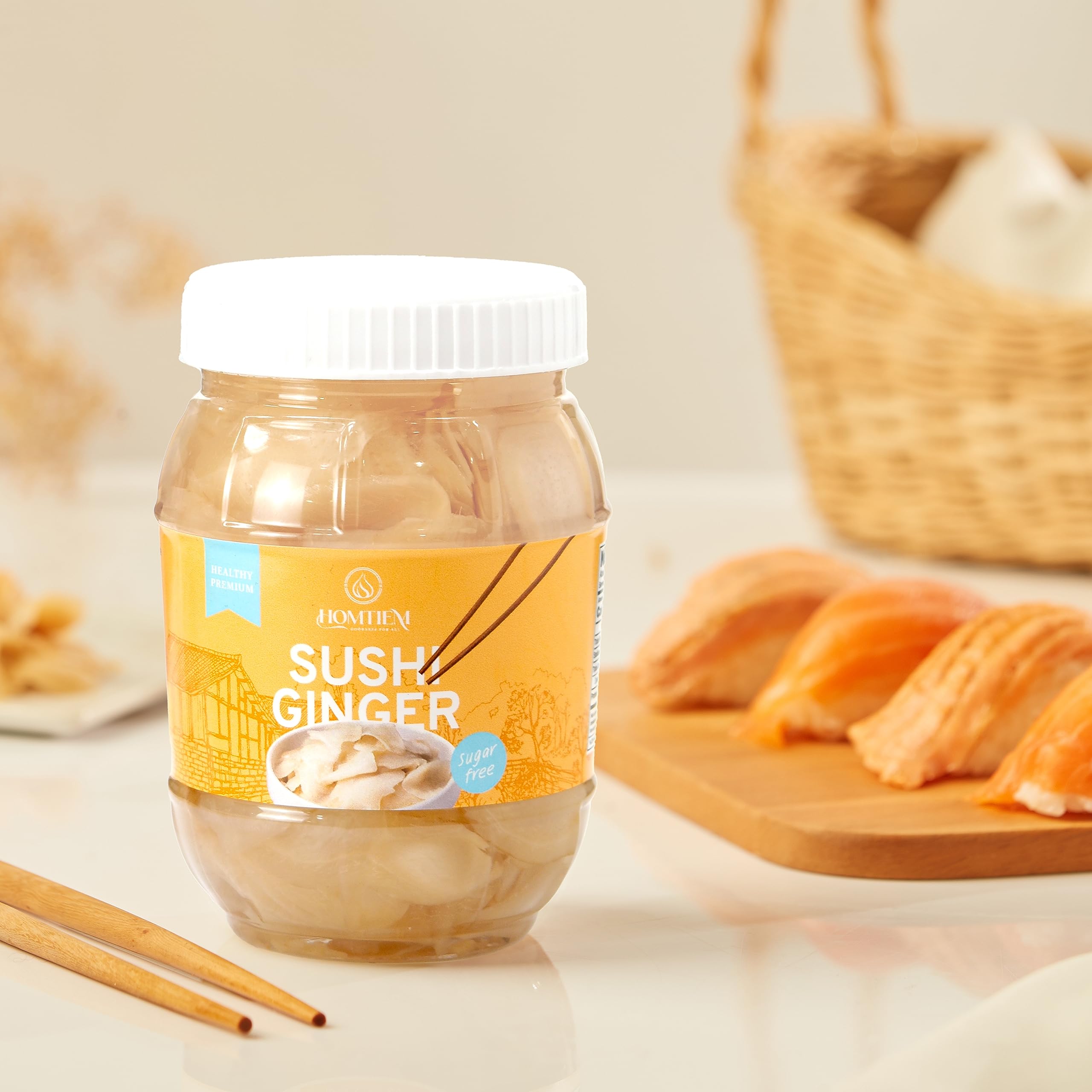 Homtiem stevia-sweetened pickled ginger packaging on shelf.