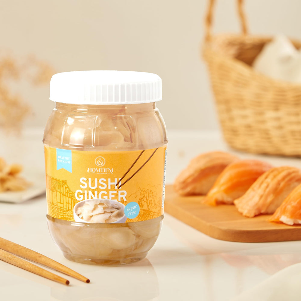 Homtiem stevia-sweetened pickled ginger packaging on shelf.