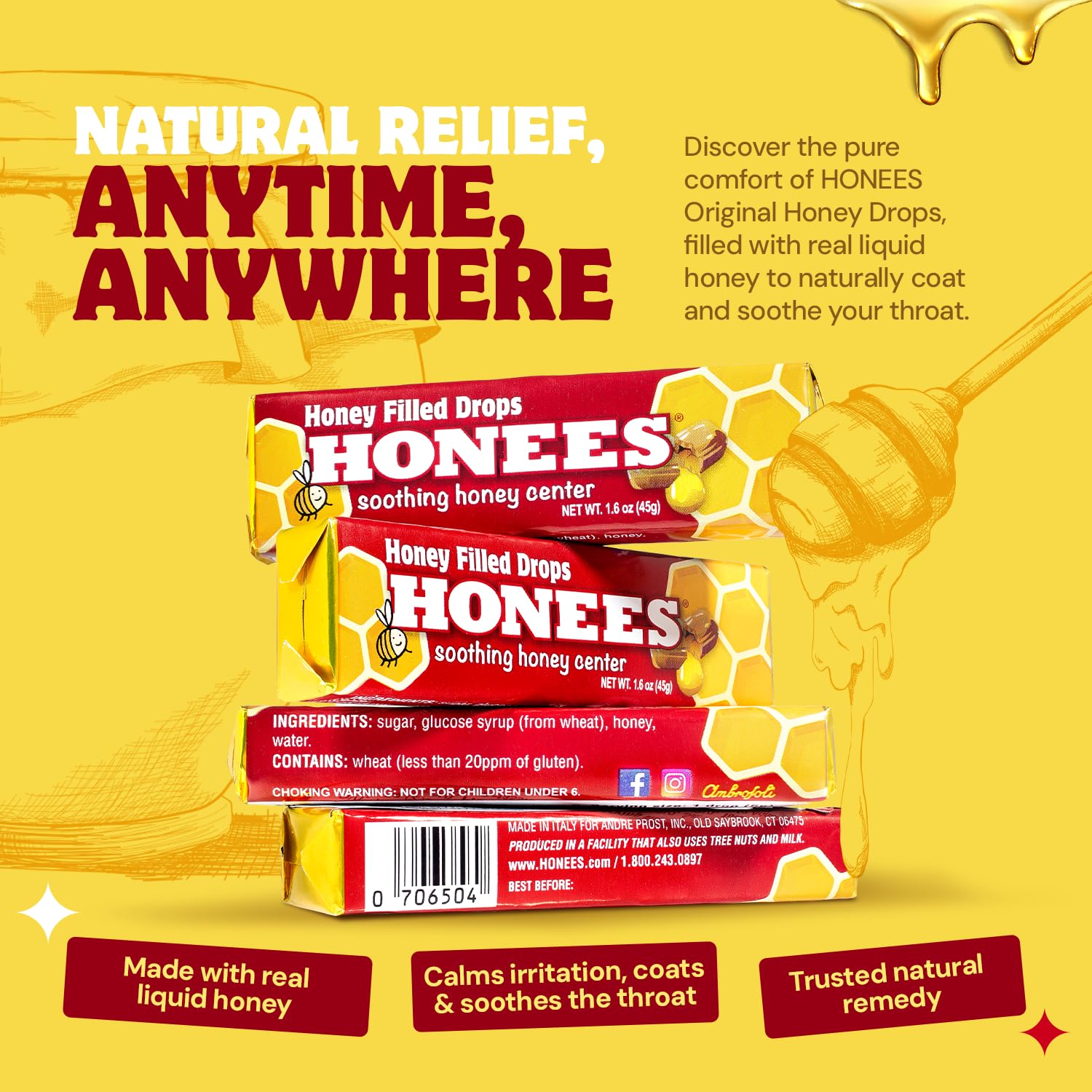 HONEES Honey Filled Drops 24-bars pack offers portable throat relief with real honey.