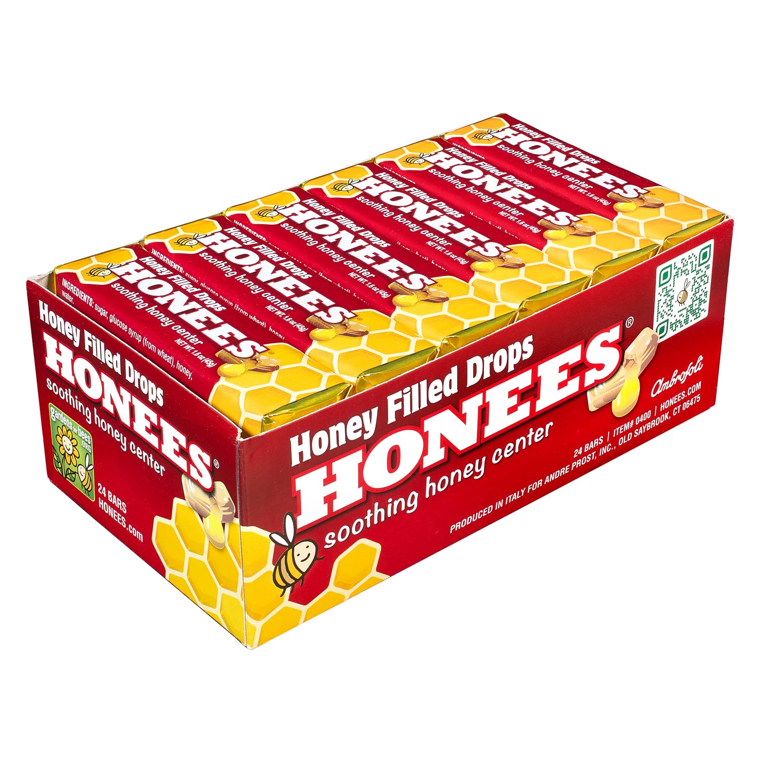 HONEES Honey Filled Drops bottle close-up demonstrates natural honey soothing throat discomfort.