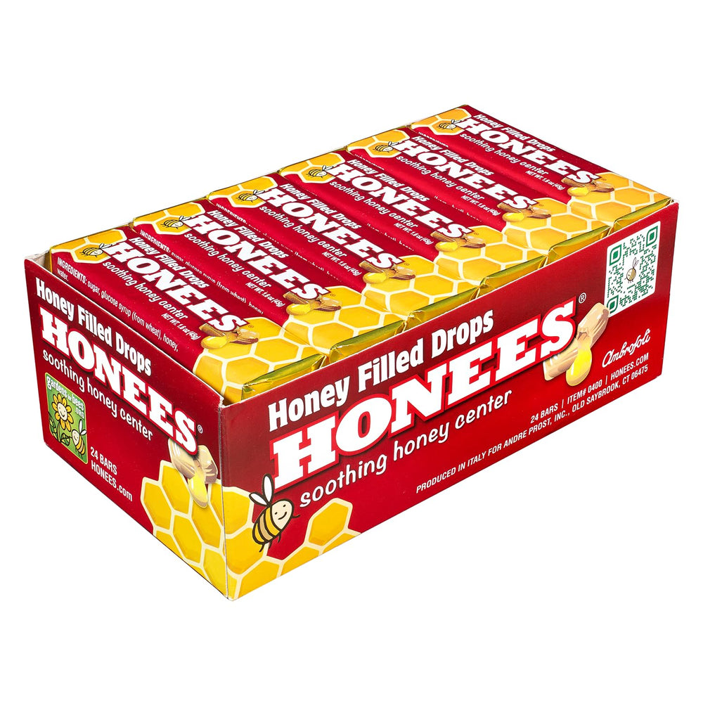 HONEES Honey Filled Drops bottle close-up demonstrates natural honey soothing throat discomfort.
