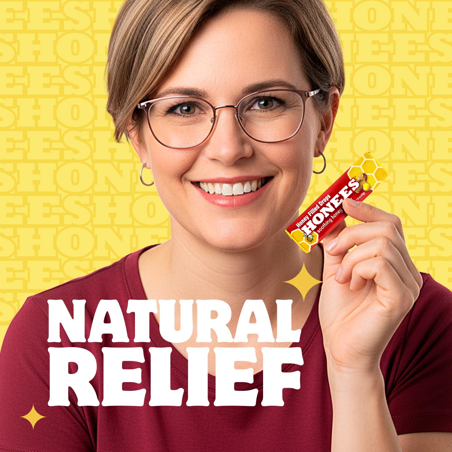 HONEES Honey Filled Drops hand-holding pack shows on-the-go relief.