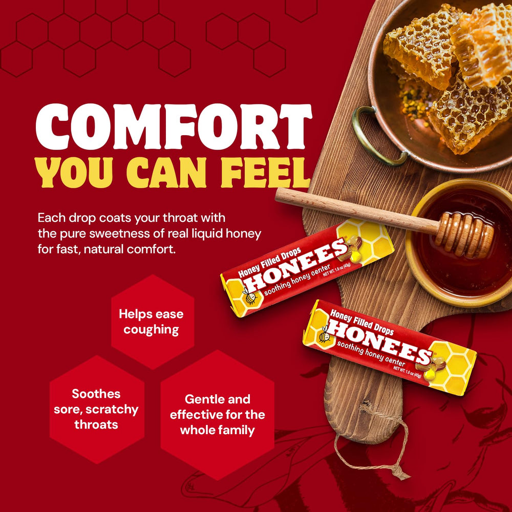 HONEES Honey Filled Drops on table in pack hints convenient travel care.