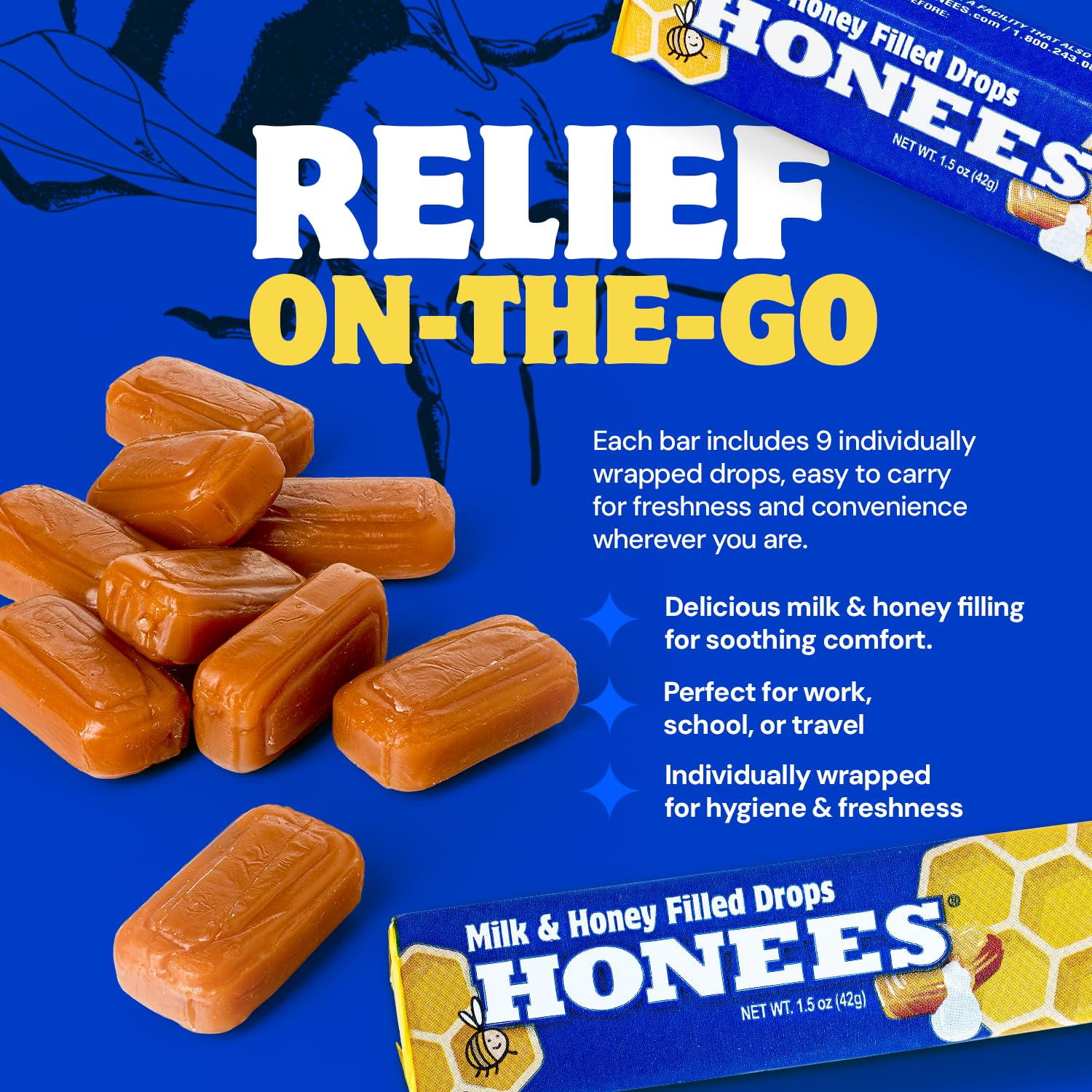 Honees Milk & Honey lozenges inside bar ready to soothe