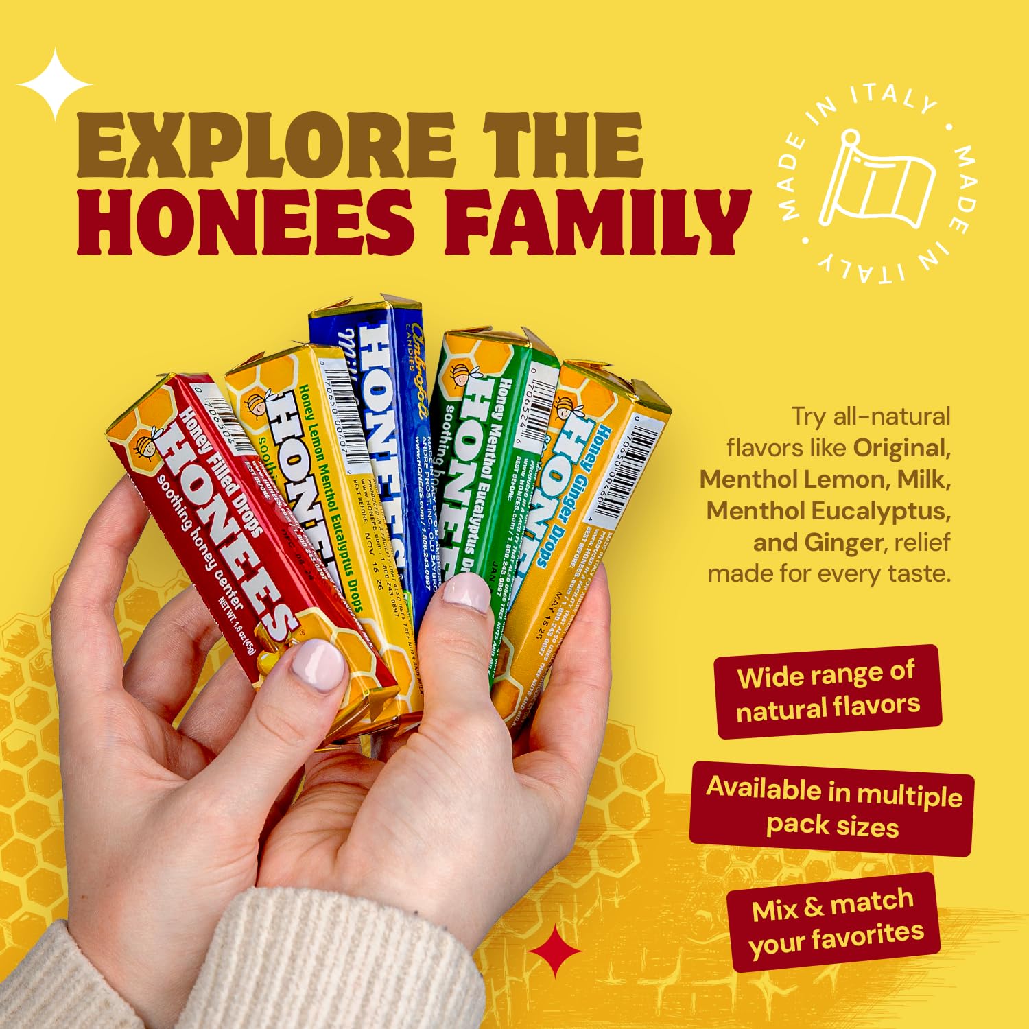HONEES Travel-friendly honey drops display for quick use.