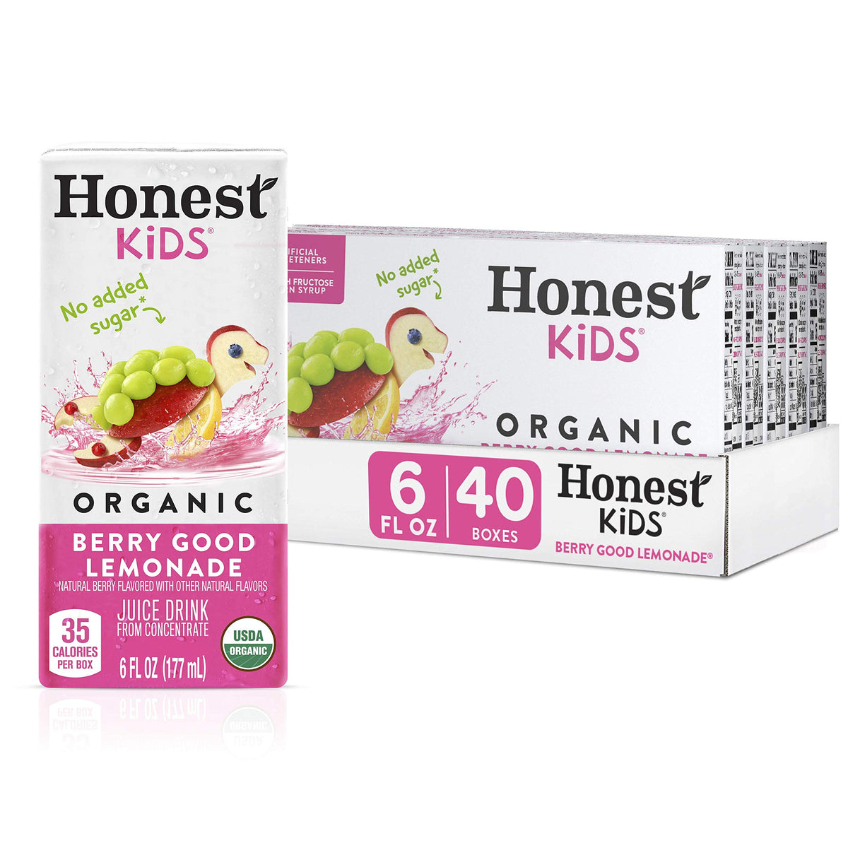 Honest Kids Berry Good Lemonade bottle front, a bright pink refreshment perfect for lunchboxes.