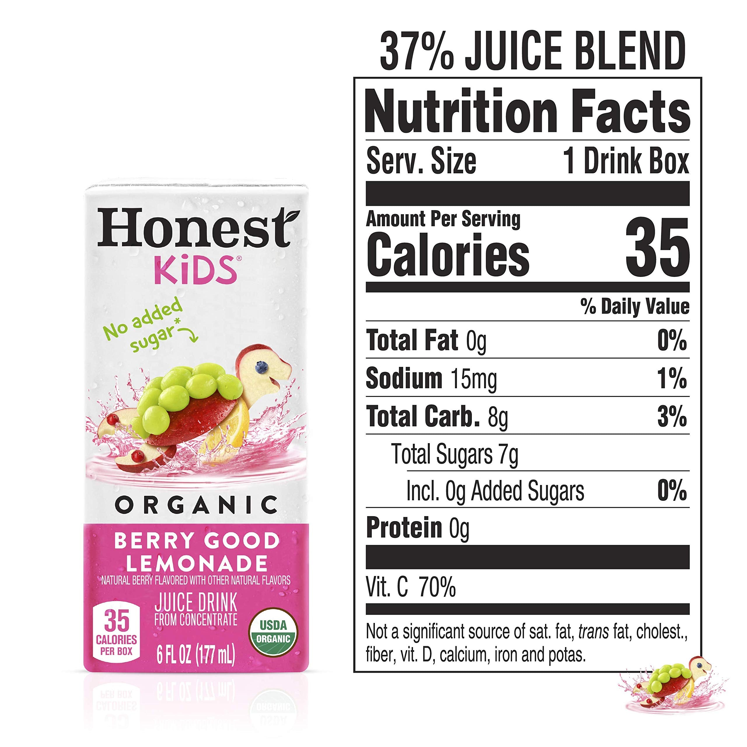 Honest Kids Berry Good Lemonade bottle side highlights organic ingredients and Vitamin C.