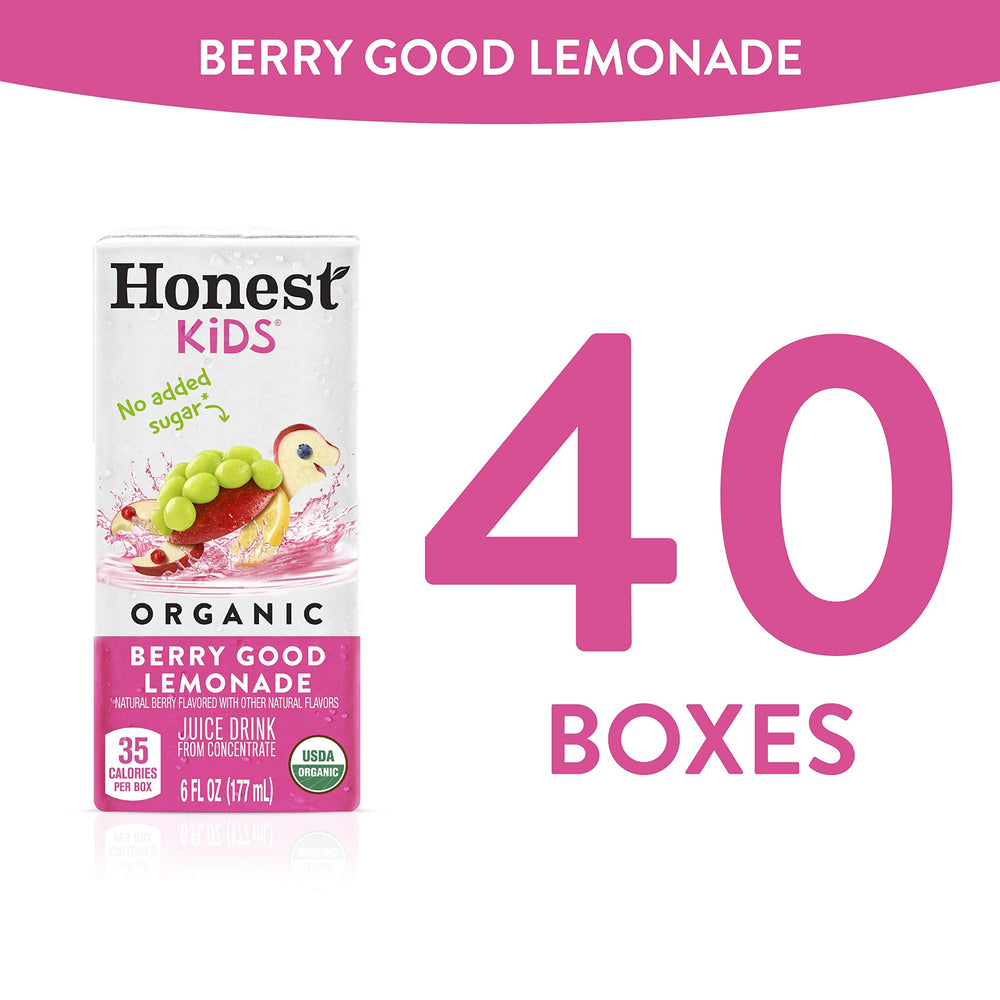 Honest Kids Berry Good Lemonade ingredients graphic highlights real fruit juice blend.
