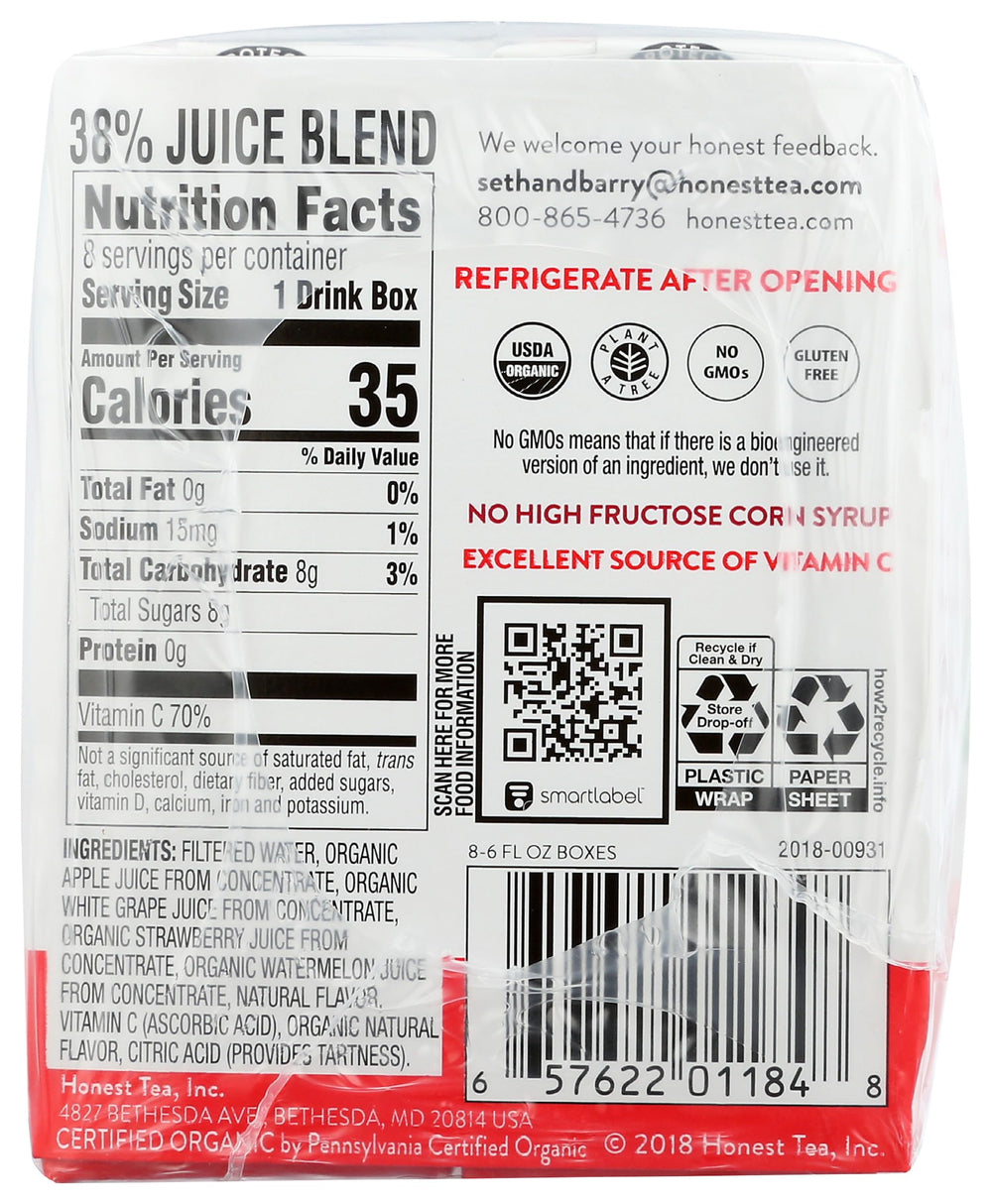 Honest Kids Fruit Punch label closeup highlighting a bright fruit blend for hydration.