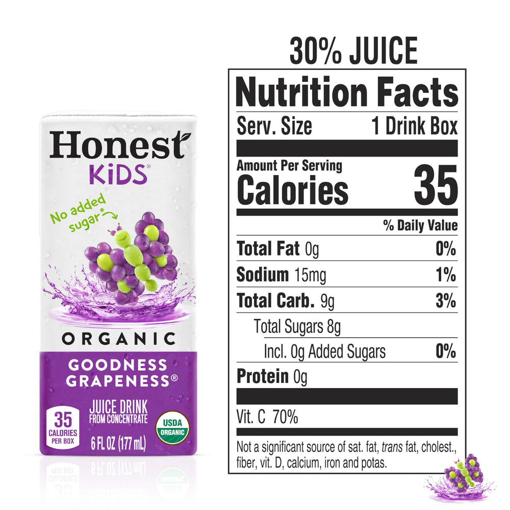 Honest Kids Goodness Grapeness label highlighting USDA Organic and no added sugar