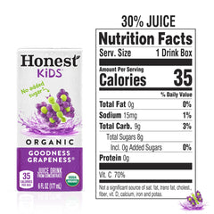 Honest Kids Goodness Grapeness label highlighting USDA Organic and no added sugar