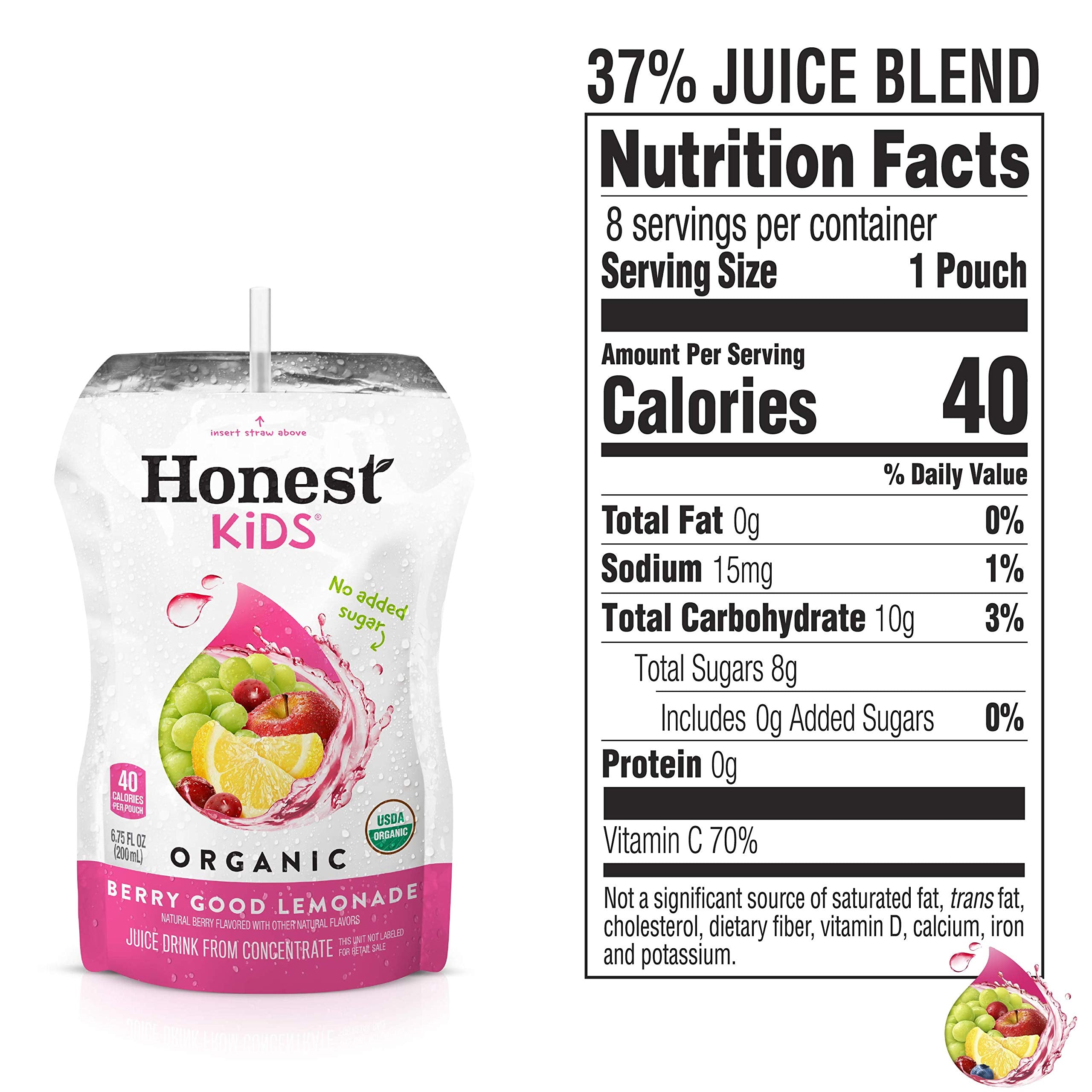 Honest Kids organic juice label; gluten-free, non-GMO option.