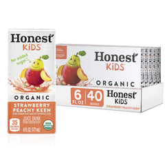 Honest Kids Strawberry Peachy Keen carton pour showcases fruity flavor for on-the-go hydration.