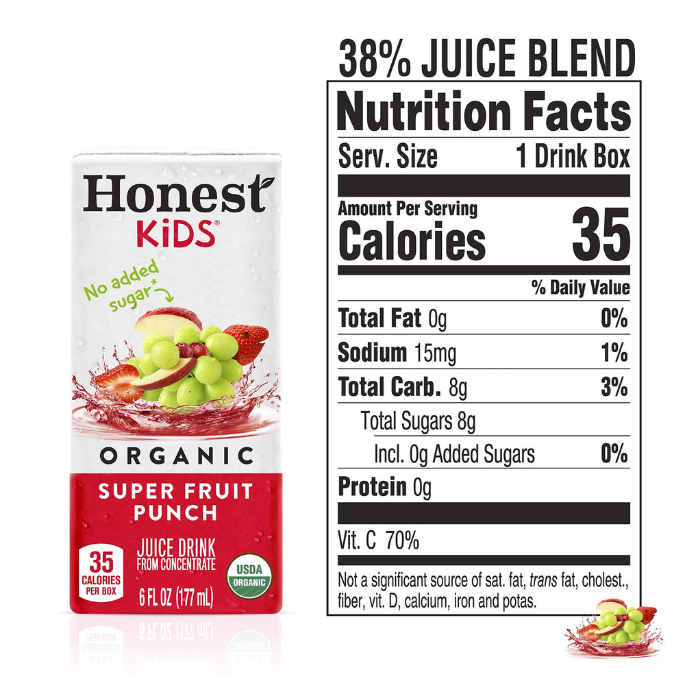 Honest Kids Super Fruit Punch box label highlighting organic ingredients