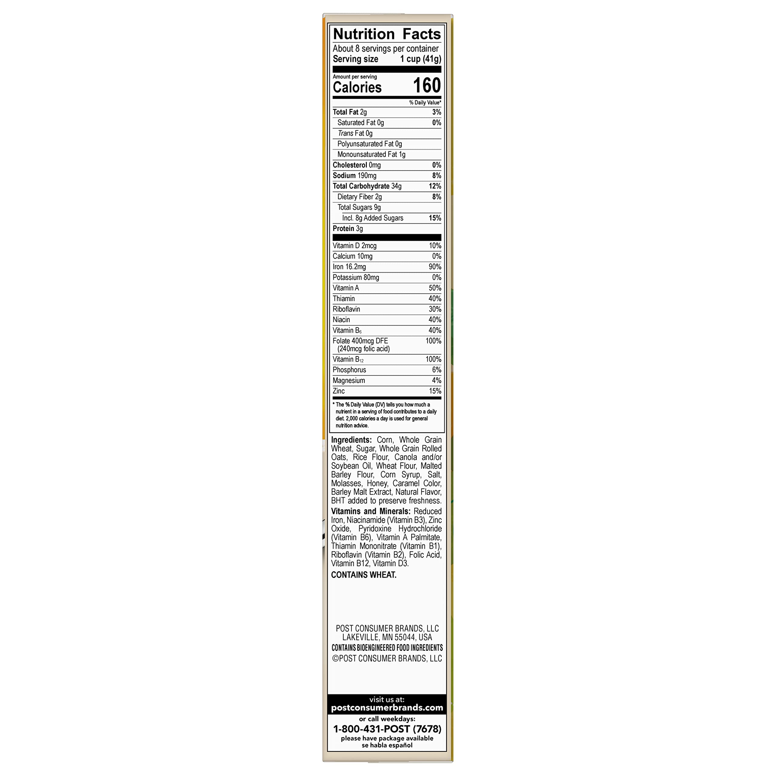 Back nutrition panel showing 14g whole grains per serving in Honey Bunches of Oats Vanilla.