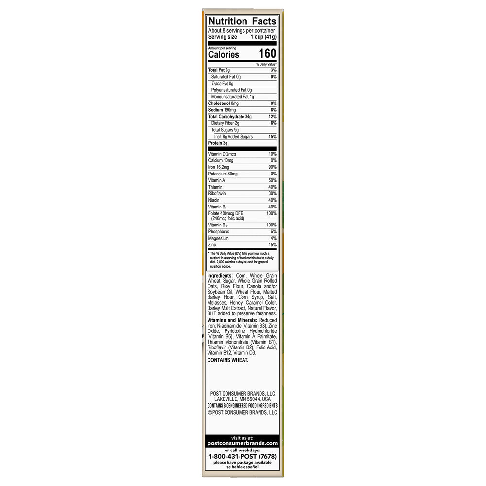 Back nutrition panel showing 14g whole grains per serving in Honey Bunches of Oats Vanilla.
