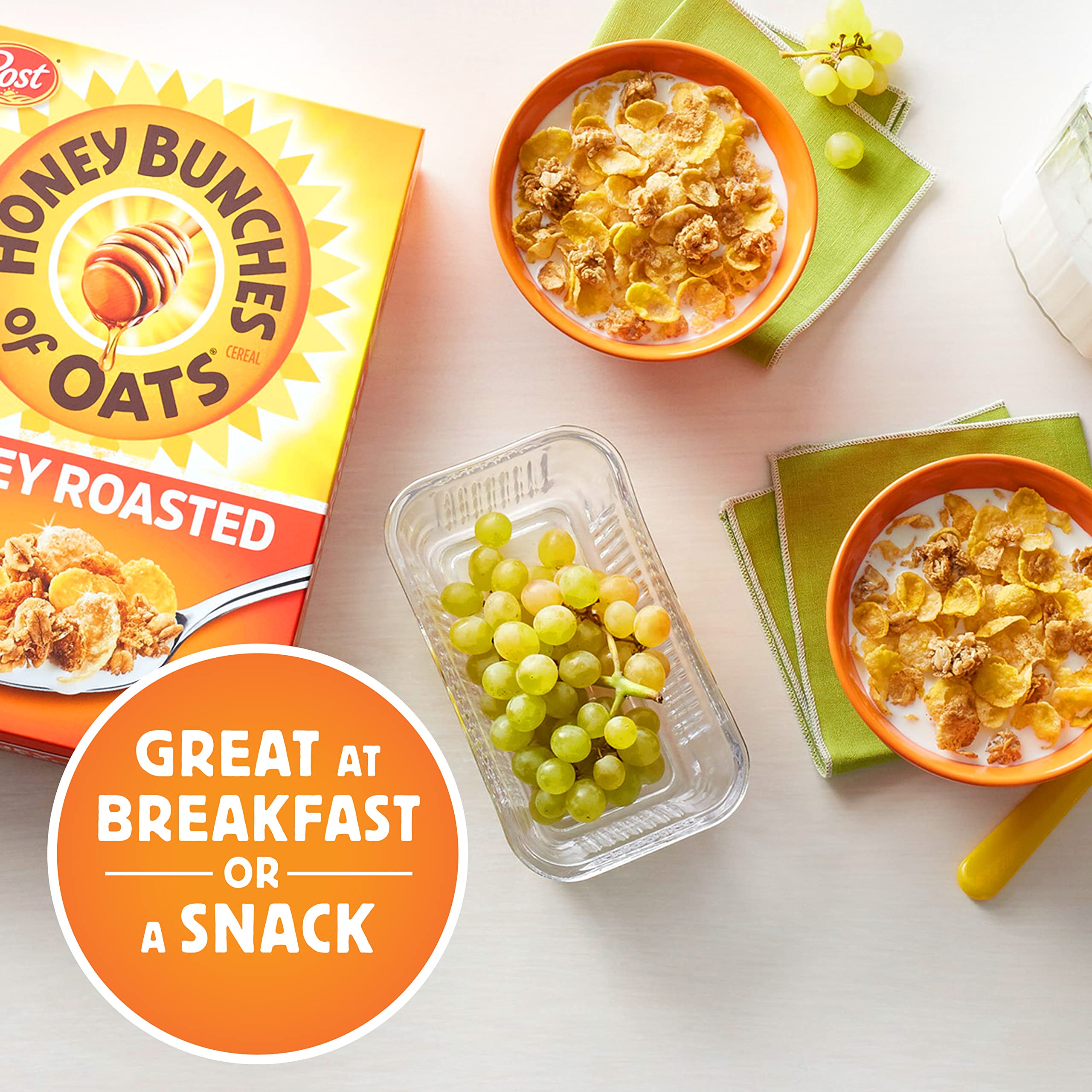 18-ounce Honey Bunches of Oats box on a kitchen counter for weekday breakfasts.