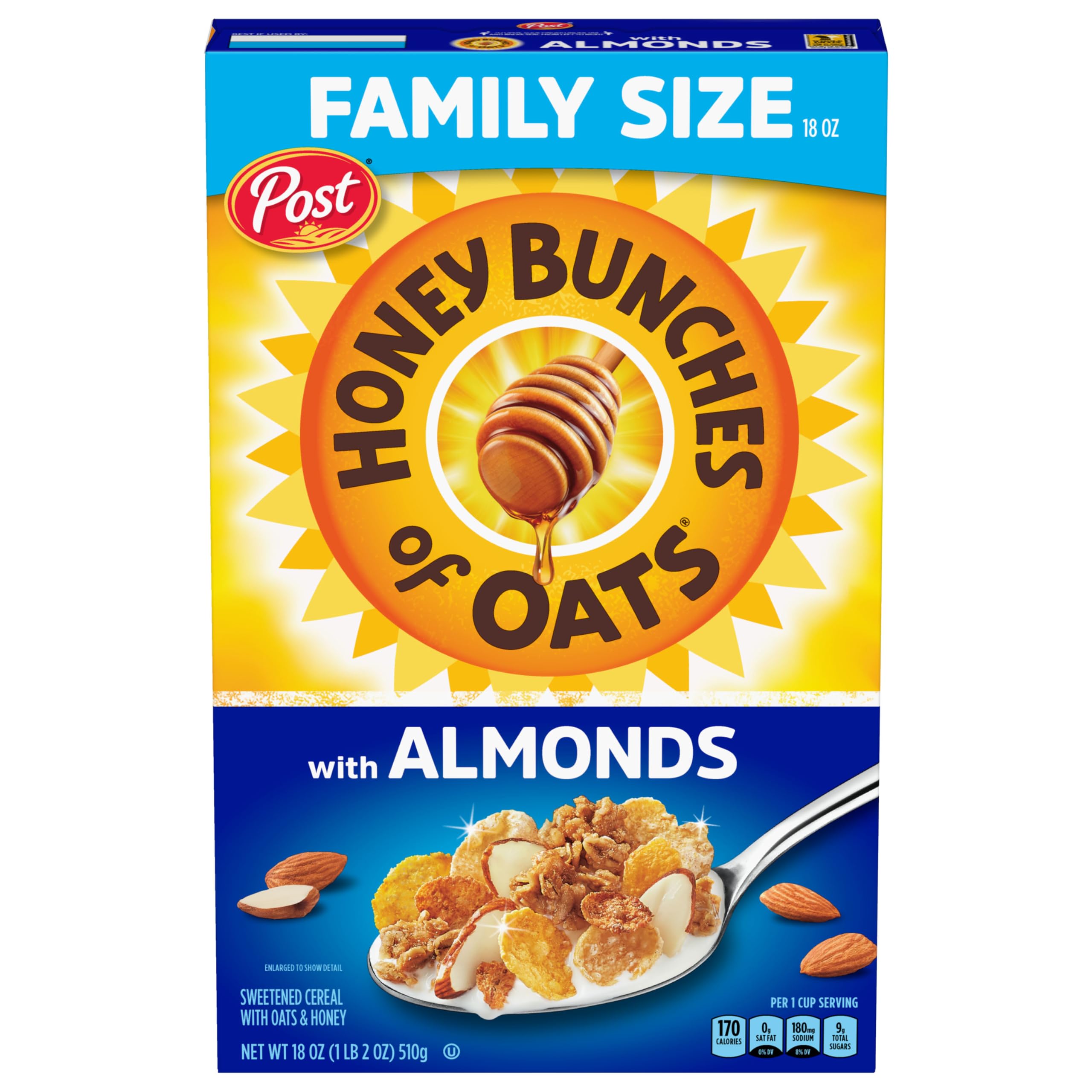 Honey Bunches of Oats with Almonds box front showing family-friendly cereal