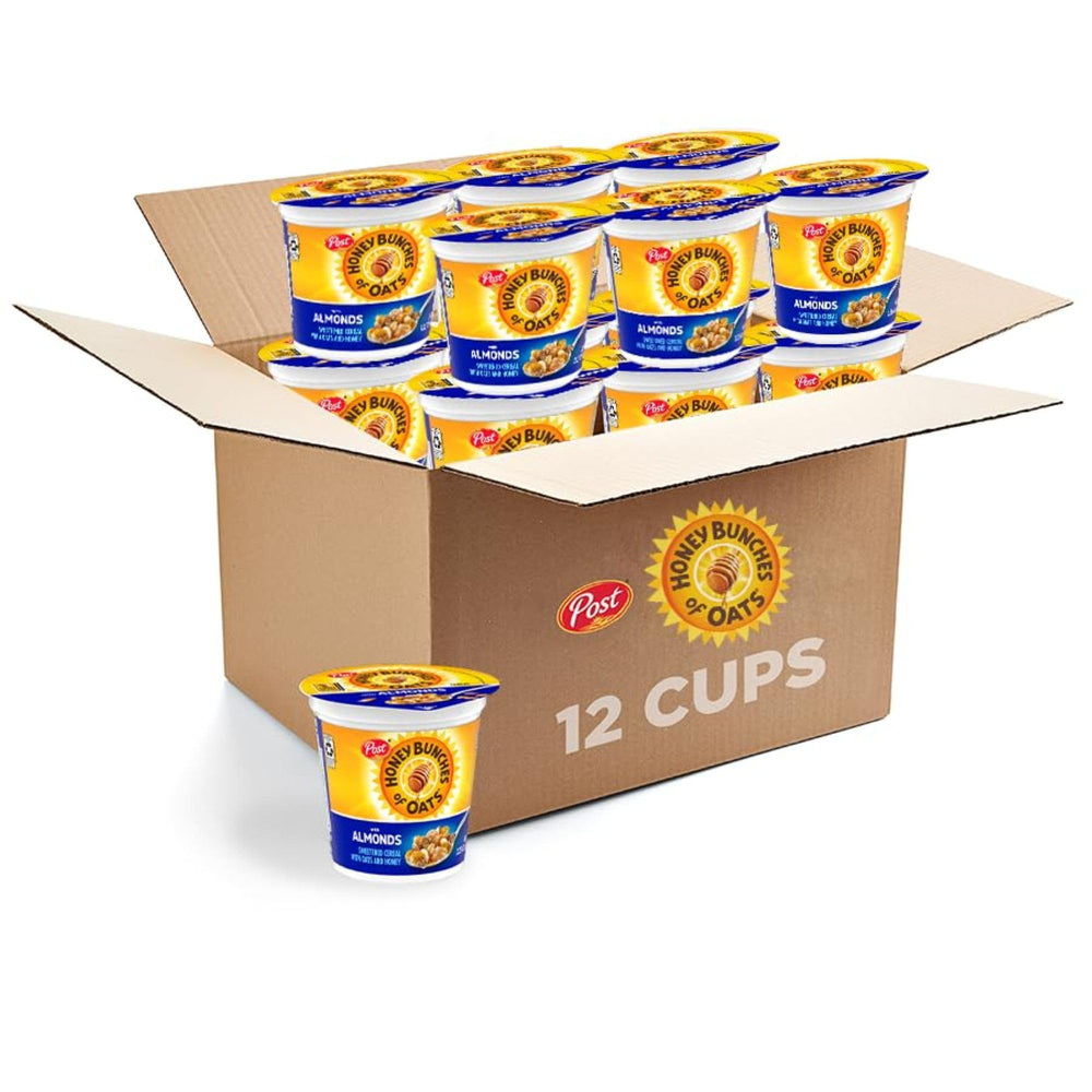 Honey Bunches of Oats with Almonds cereal cup front for quick on-the-go breakfast.