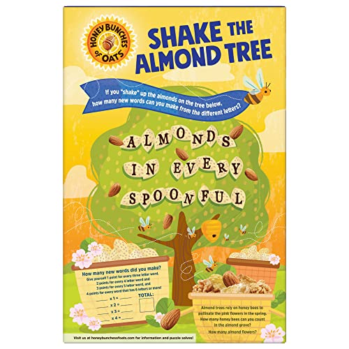 Pouring Honey Bunches of Oats with Almonds into a milk-filled bowl
