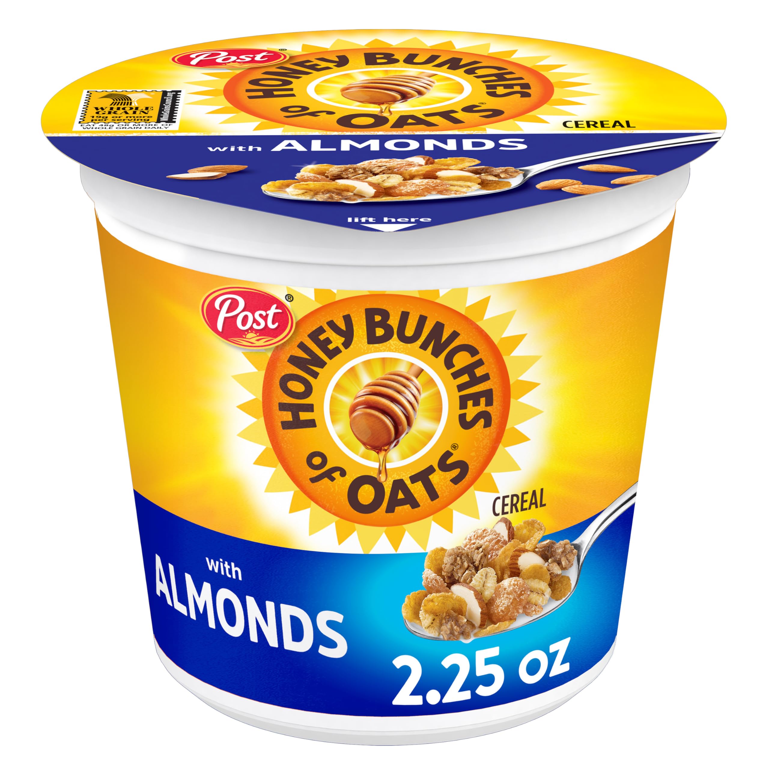 Honey Bunches of Oats with Almonds honey glaze suggests mild sweetness.