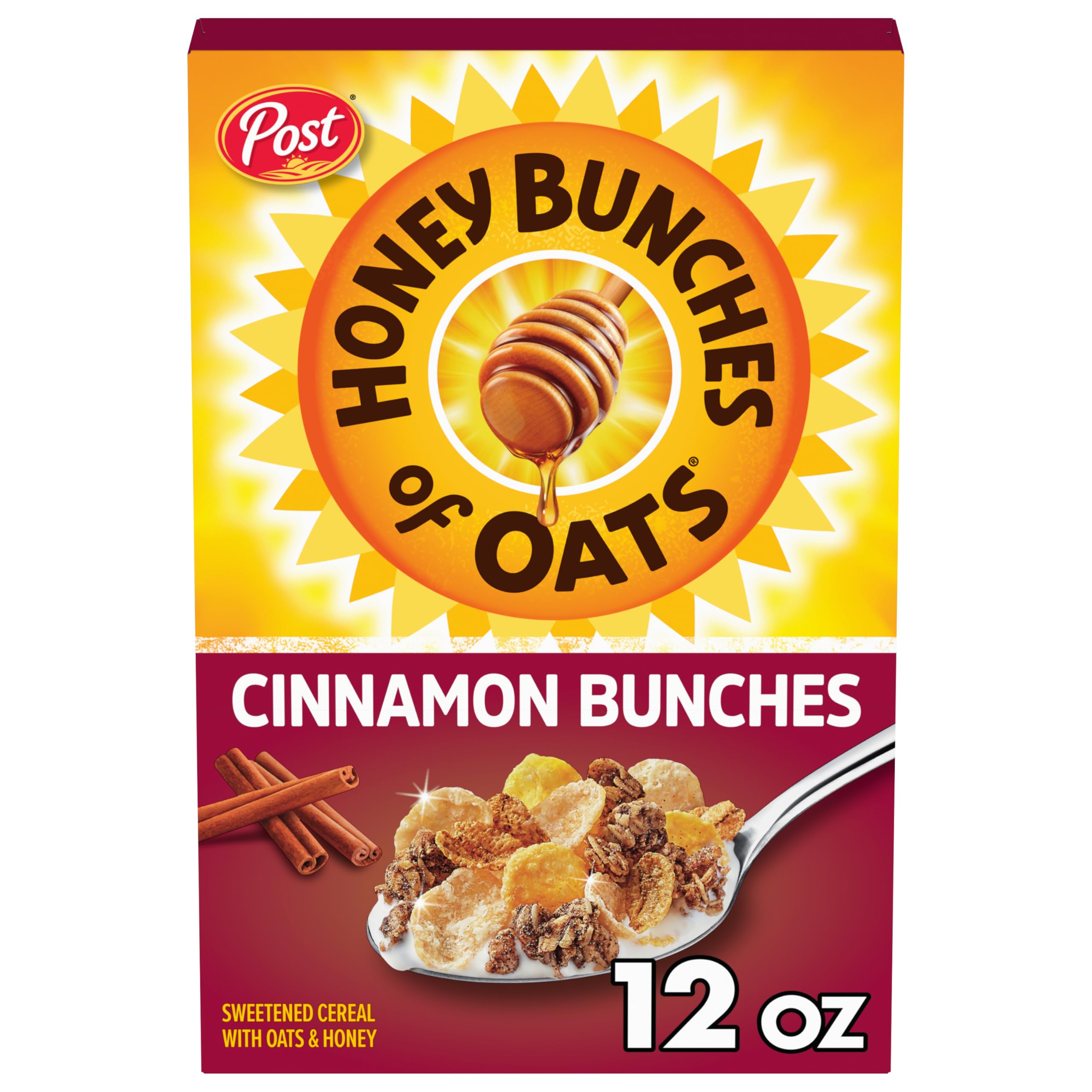 Honey Bunches of Oats Cinnamon cereal box front highlighting whole grains for an energizing start.