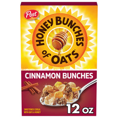Honey Bunches of Oats Cinnamon cereal box front highlighting whole grains for an energizing start.