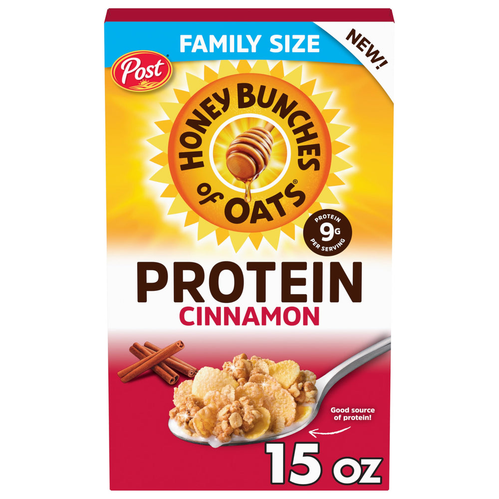 Honey Bunches of Oats Cinnamon Protein Cereal box ready for a hearty breakfast