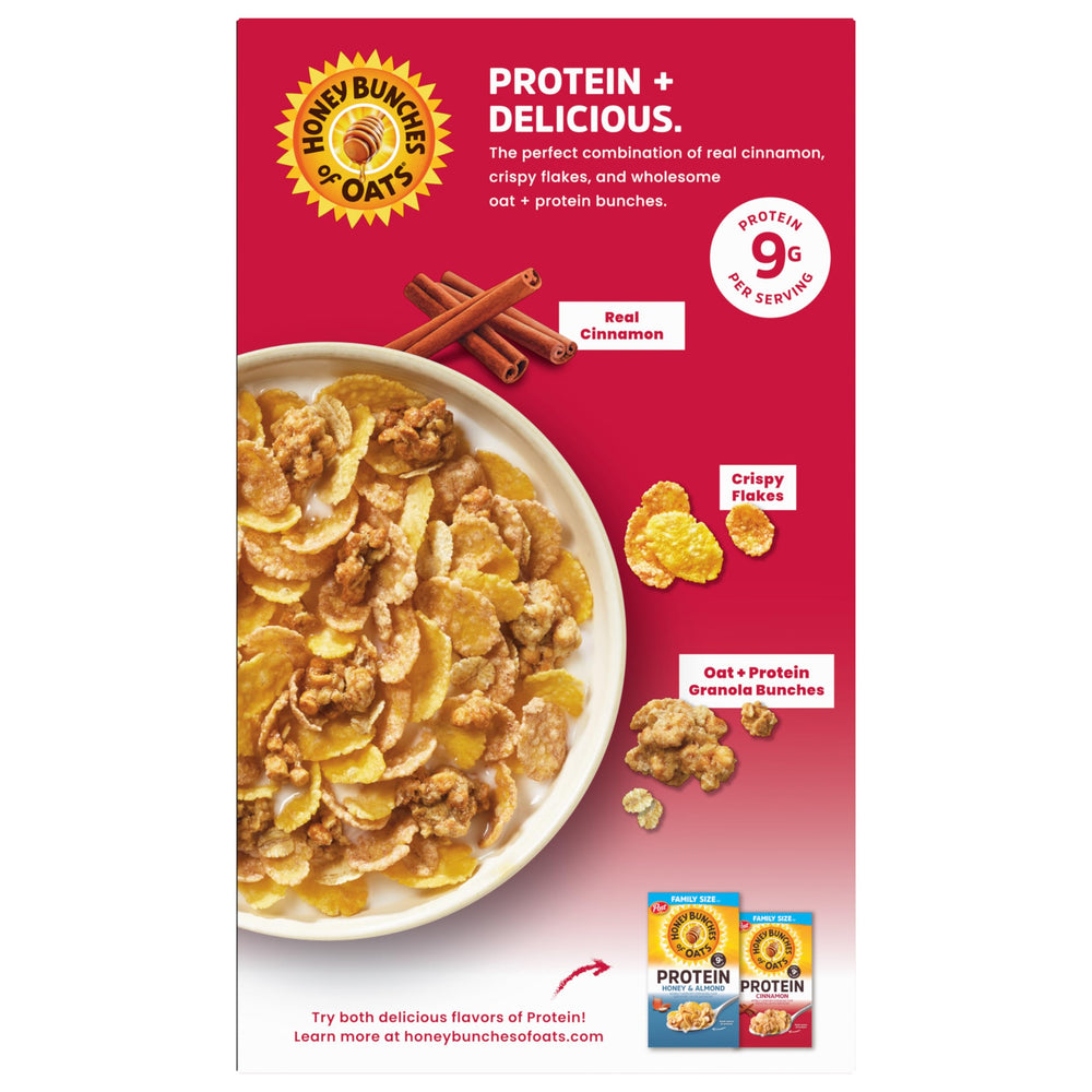 Family-size Honey Bunches of Oats Cinnamon Protein Cereal packaging ready for sharing