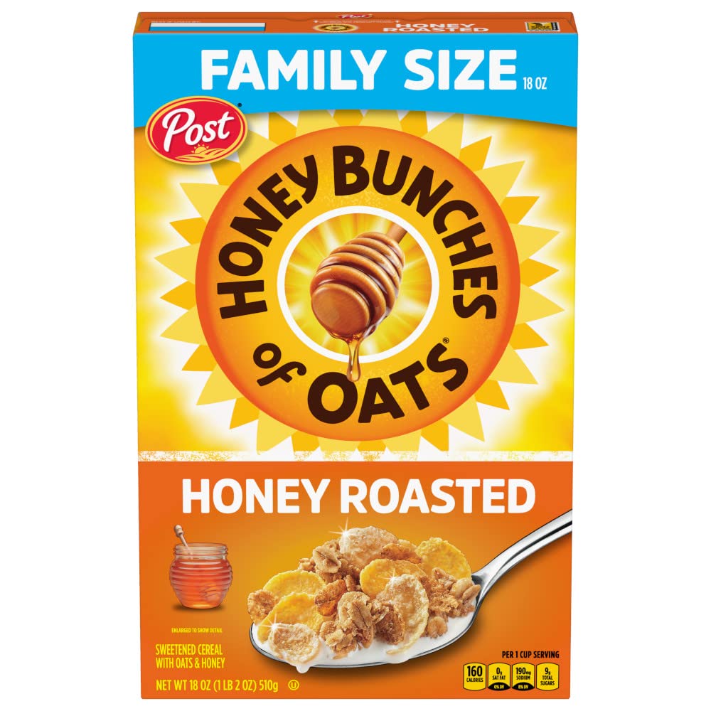 Honey Bunches of Oats cereal box with crispy honey-roasted bites for breakfast.